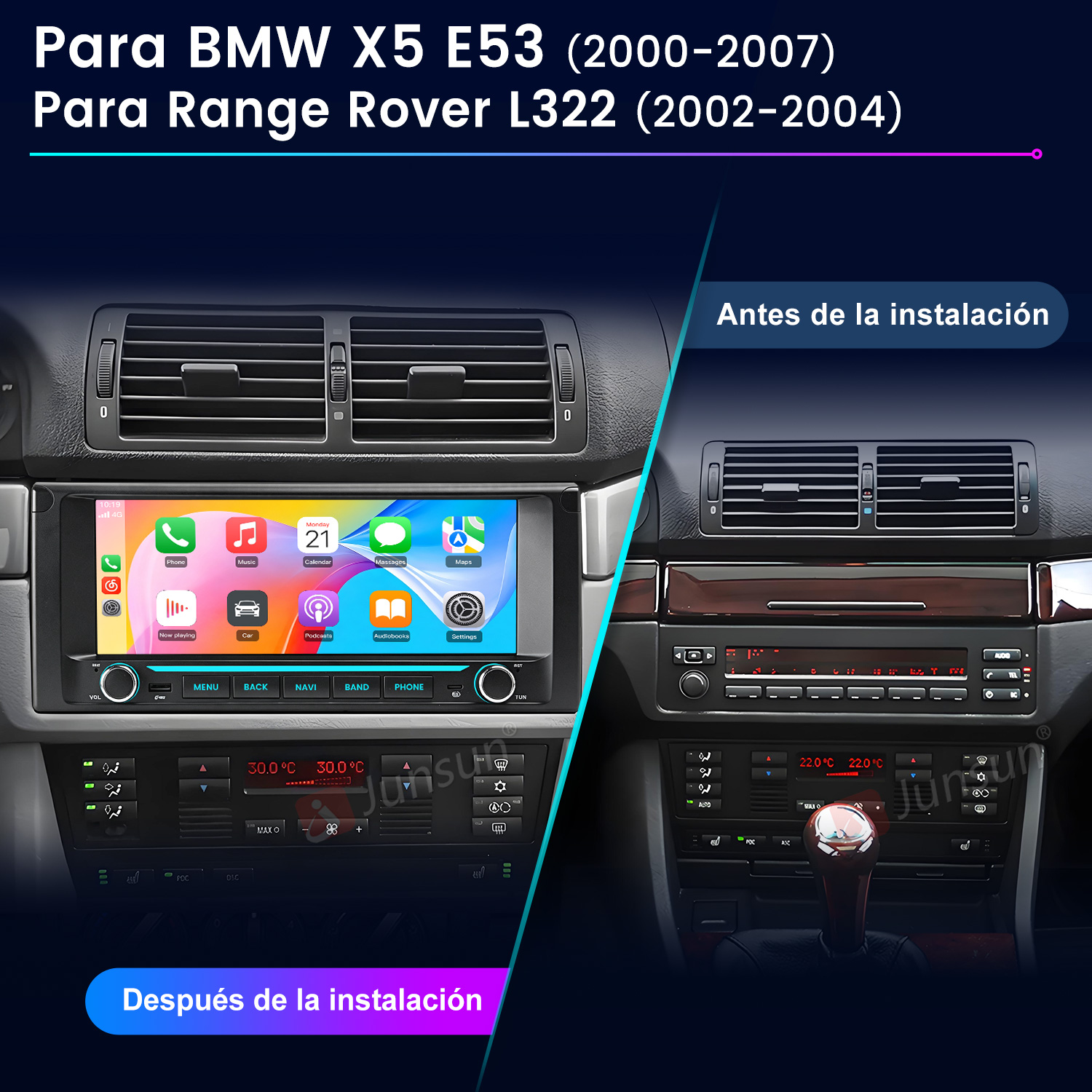 Comparación del interior de un coche antes de la instalación (derecha) y tras instalar una radio táctil (izquierda).