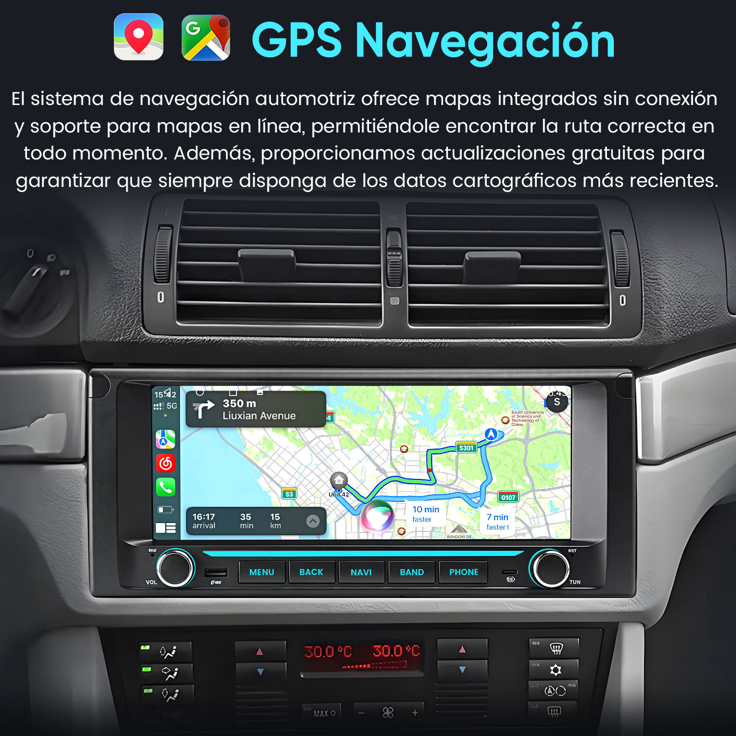 Un estéreo para automóvil con navegación GPS instalado en el tablero, que muestra un mapa.