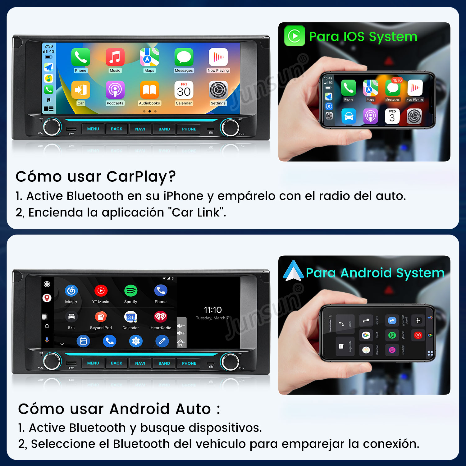 Instrucciones sobre cómo usar CarPlay y Android Auto con un teléfono y la radio.