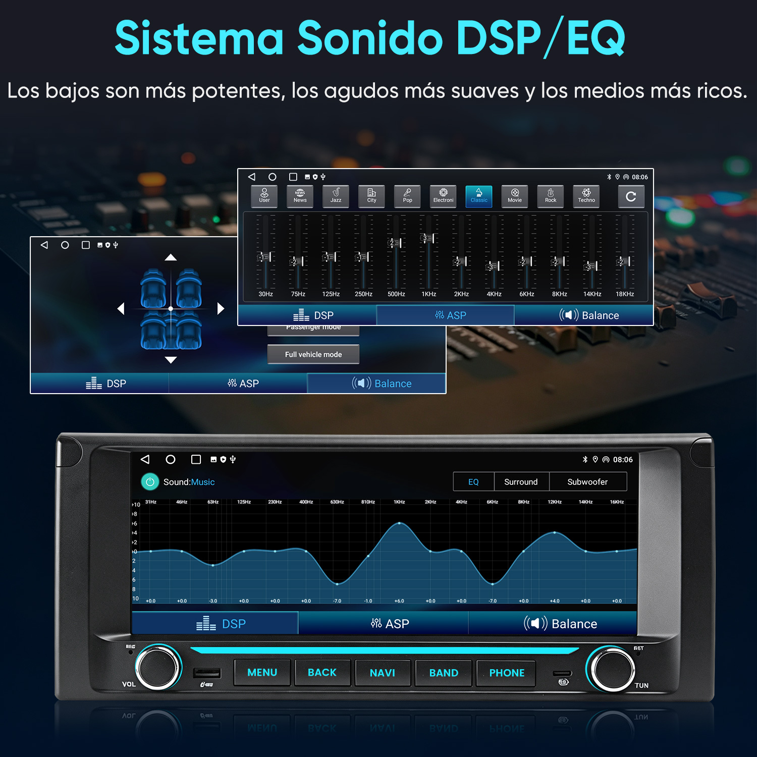 Pantalla de autoradio que muestra ajustes de ecualizador DSP y controles.