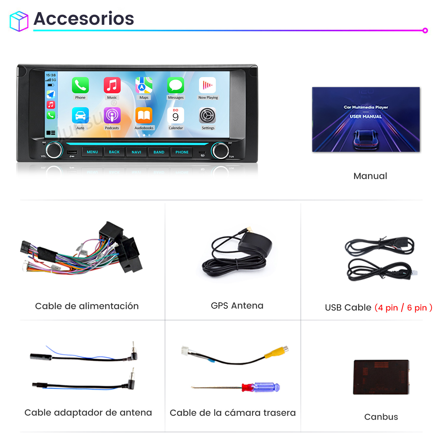 Accesorios para coche que incluyen pantalla táctil, manual, cables, antena GPS, cables USB y Canbus.