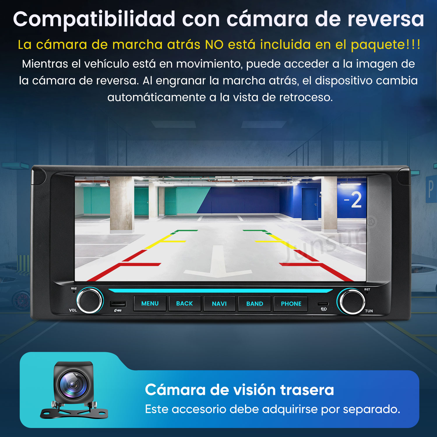 Estéreo de coche con pantalla que muestra la vista de la cámara trasera.