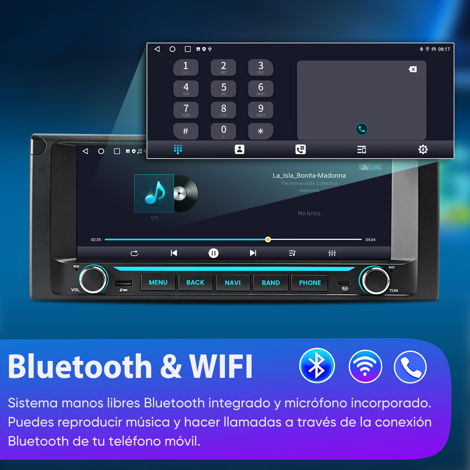 Autorradio con pantalla táctil, reproducción de música y teclado, con texto sobre Bluetooth y Wi-Fi.