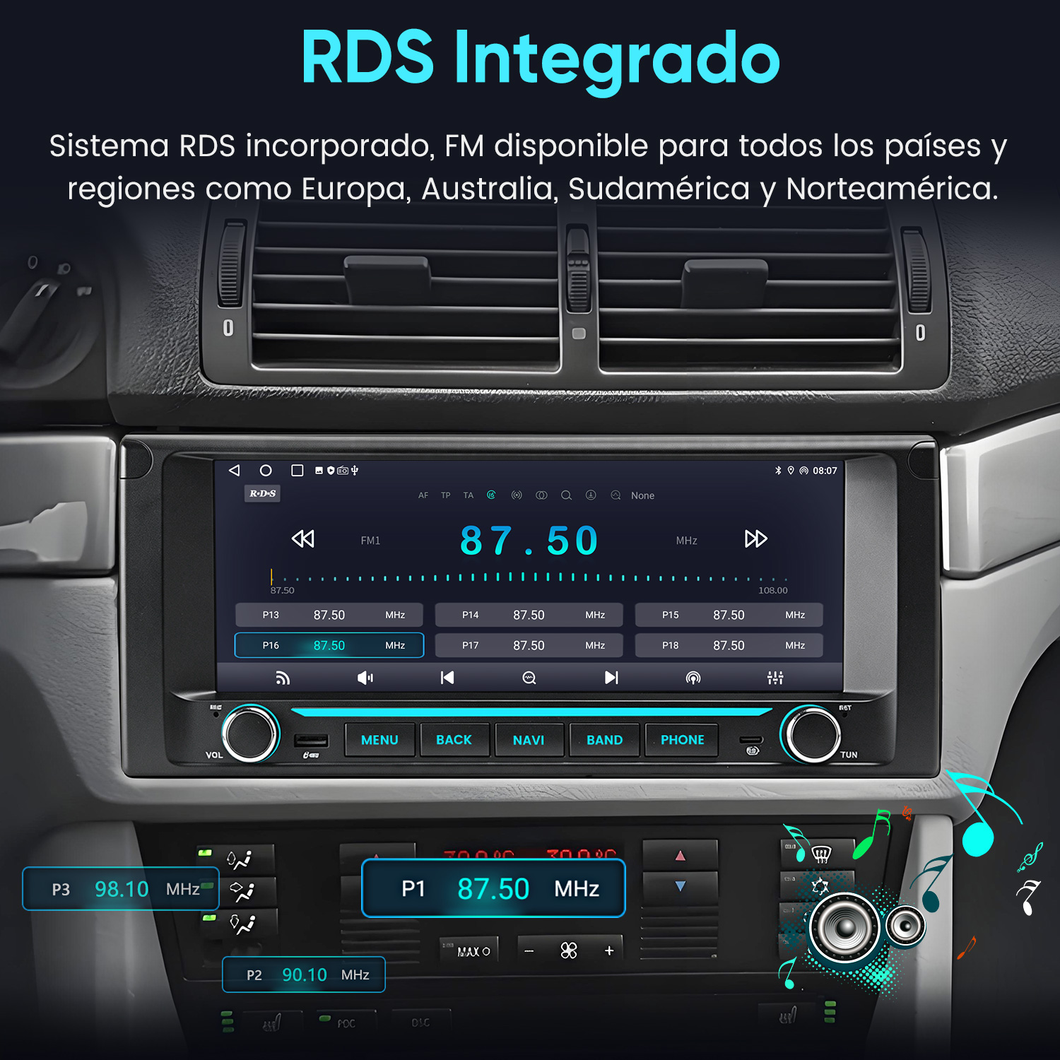 Radio de coche con pantalla táctil y RDS en el salpicadero.