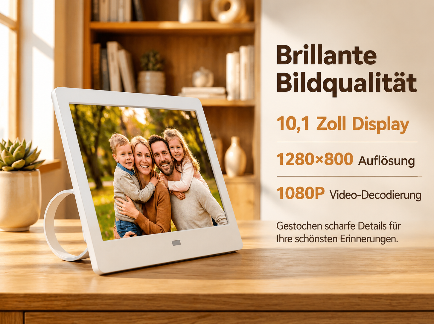 Ein weißer digitaler Bilderrahmen zeigt ein Familienfoto auf einem Holztisch, daneben Werbetext.