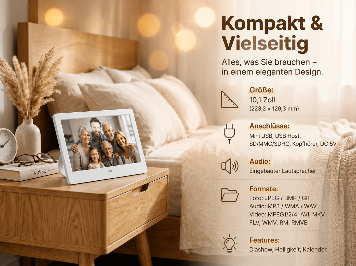 Digitale Bilderrahmen auf Nachttisch mit technischer Beschreibung.
