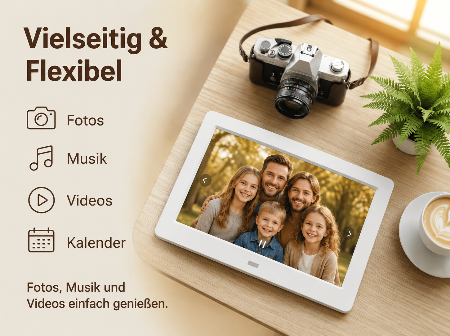 Digitaler Bilderrahmen mit Familienfoto auf Holztisch, daneben Kamera, Pflanze und Kaffeetasse.