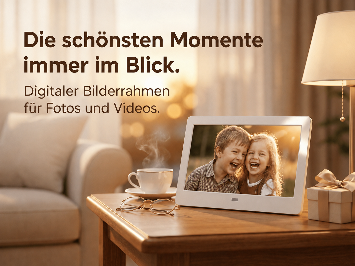 Ein digitaler Bilderrahmen auf einem Holztisch zeigt lachende Kinder, daneben Tasse und Text.