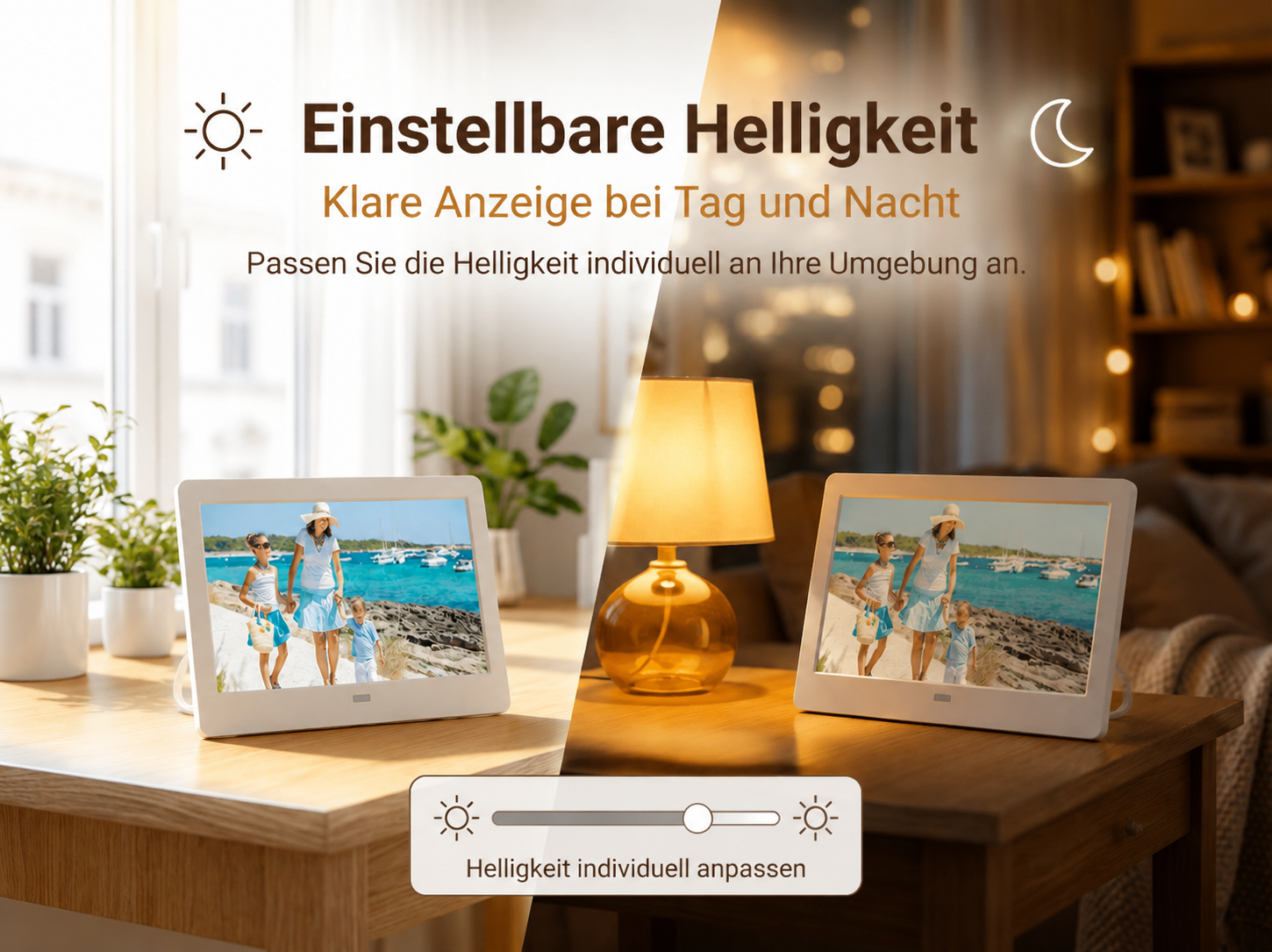 Einstellbare Helligkeit eines digitalen Bilderrahmens bei Tag und Nacht.