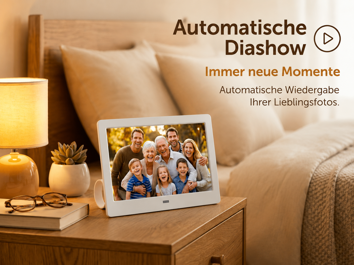 Ein digitaler Bilderrahmen auf dem Nachttisch mit einer lächelnden Familie und deutschem Werbetext an der Wand.