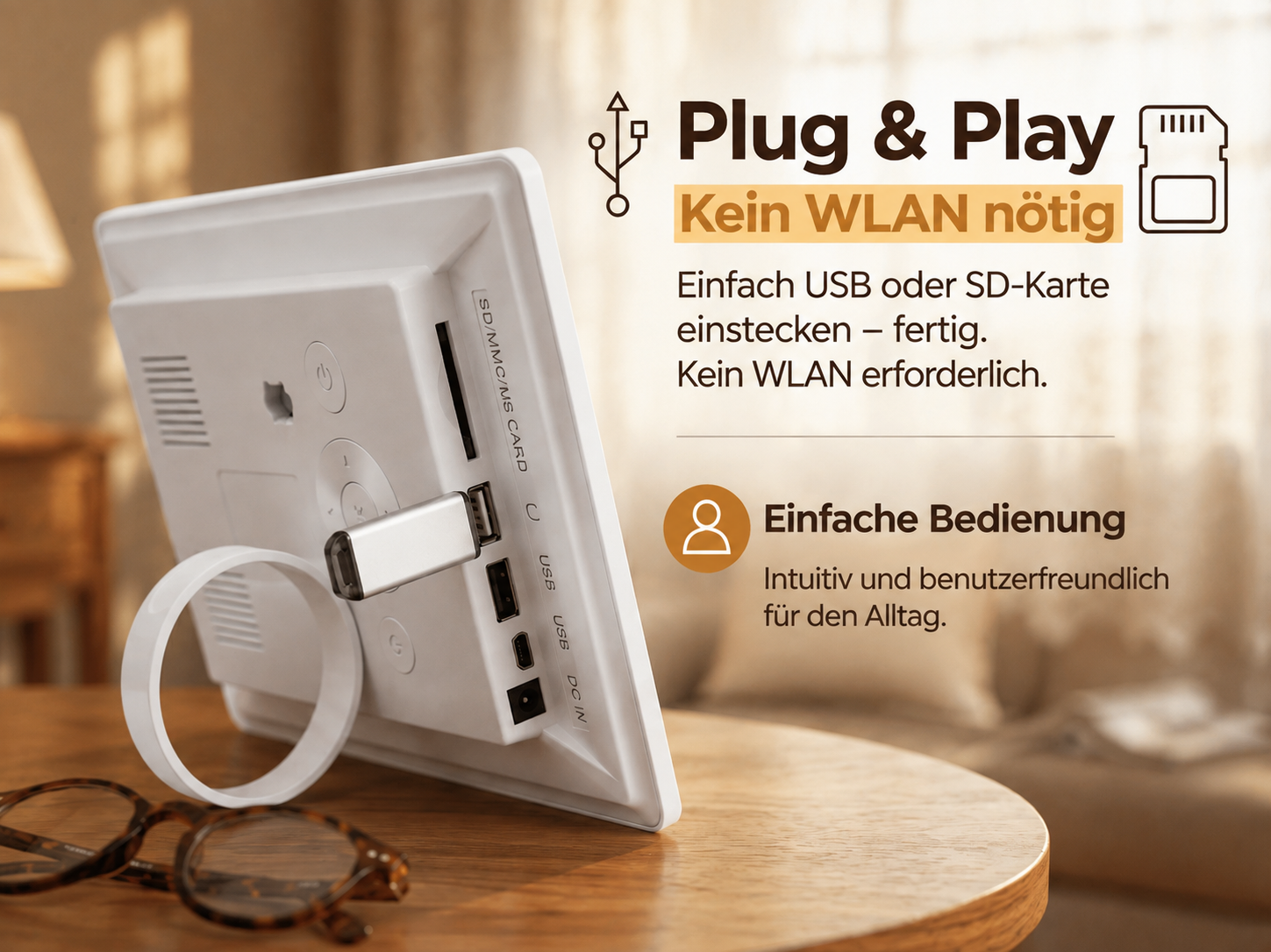 Rückseite eines weißen digitalen Bilderrahmens mit USB-Stick und Text auf dem Bild.
