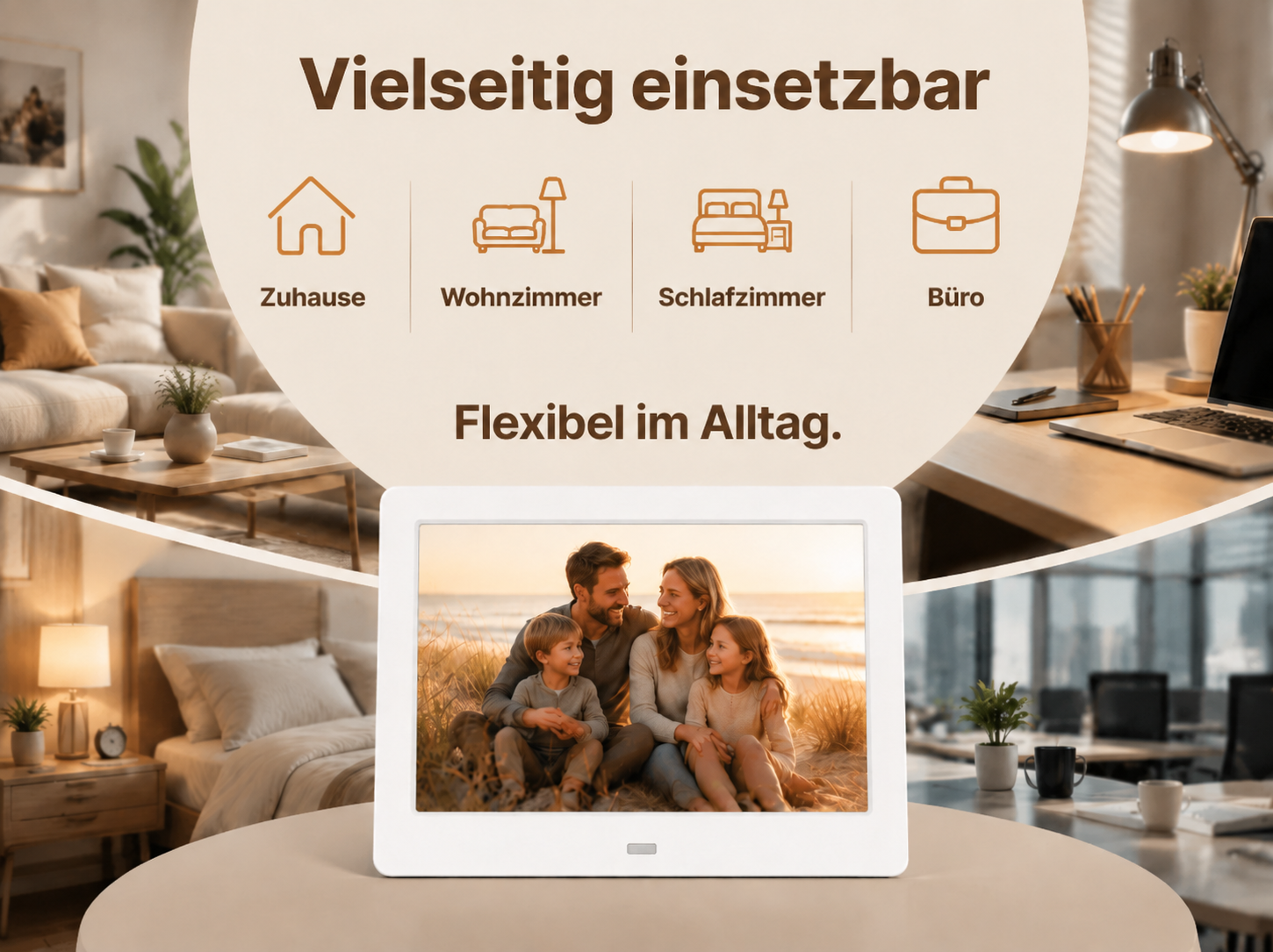 Digitale Bilderrahmen-Werbung mit Familienfoto und Symbolen für Zuhause, Wohnzimmer, Schlafzimmer und Büro.