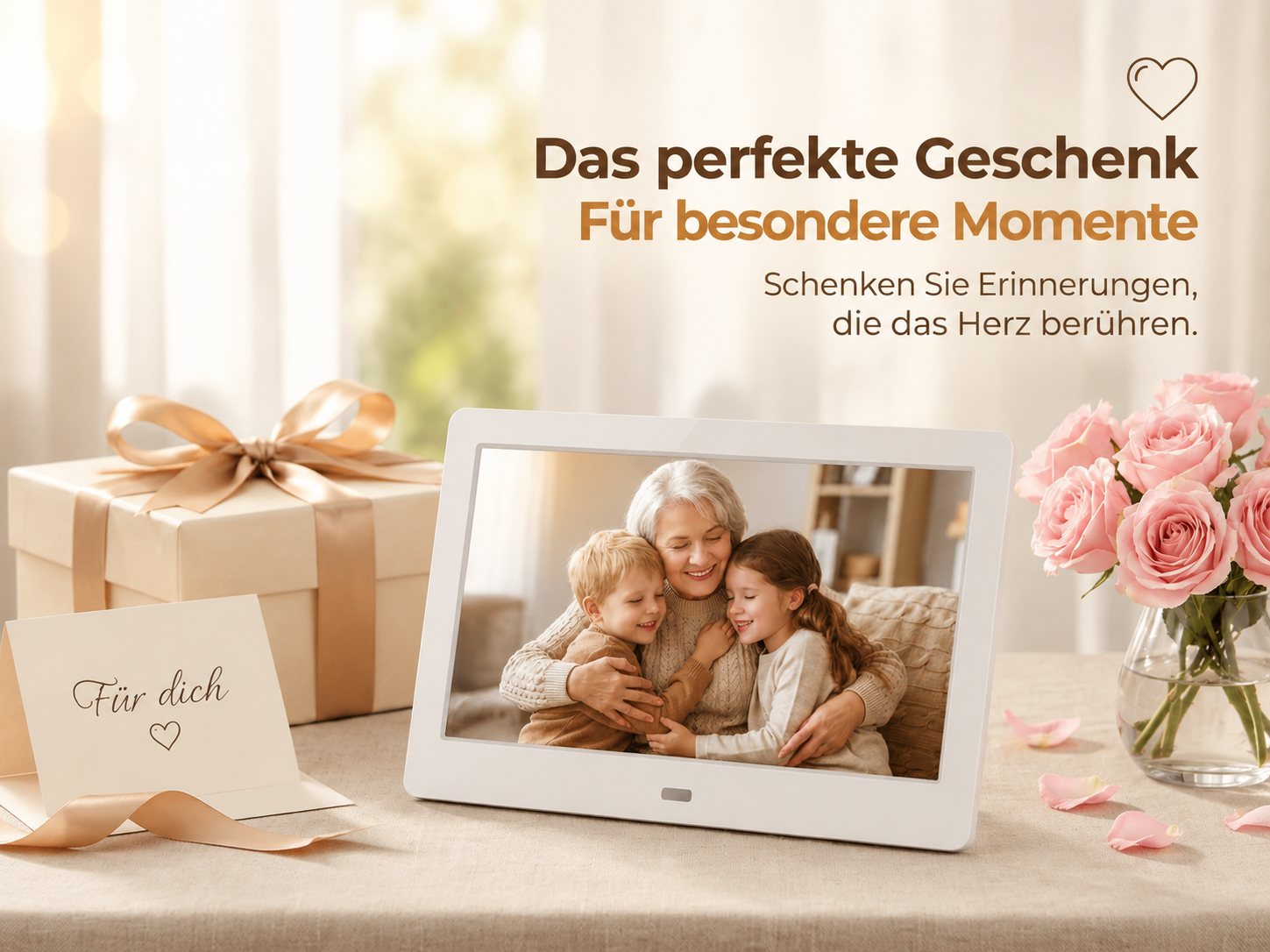Ein digitaler Bilderrahmen zeigt Großmutter und Enkelkinder, umgeben von einem Geschenk und Rosen.