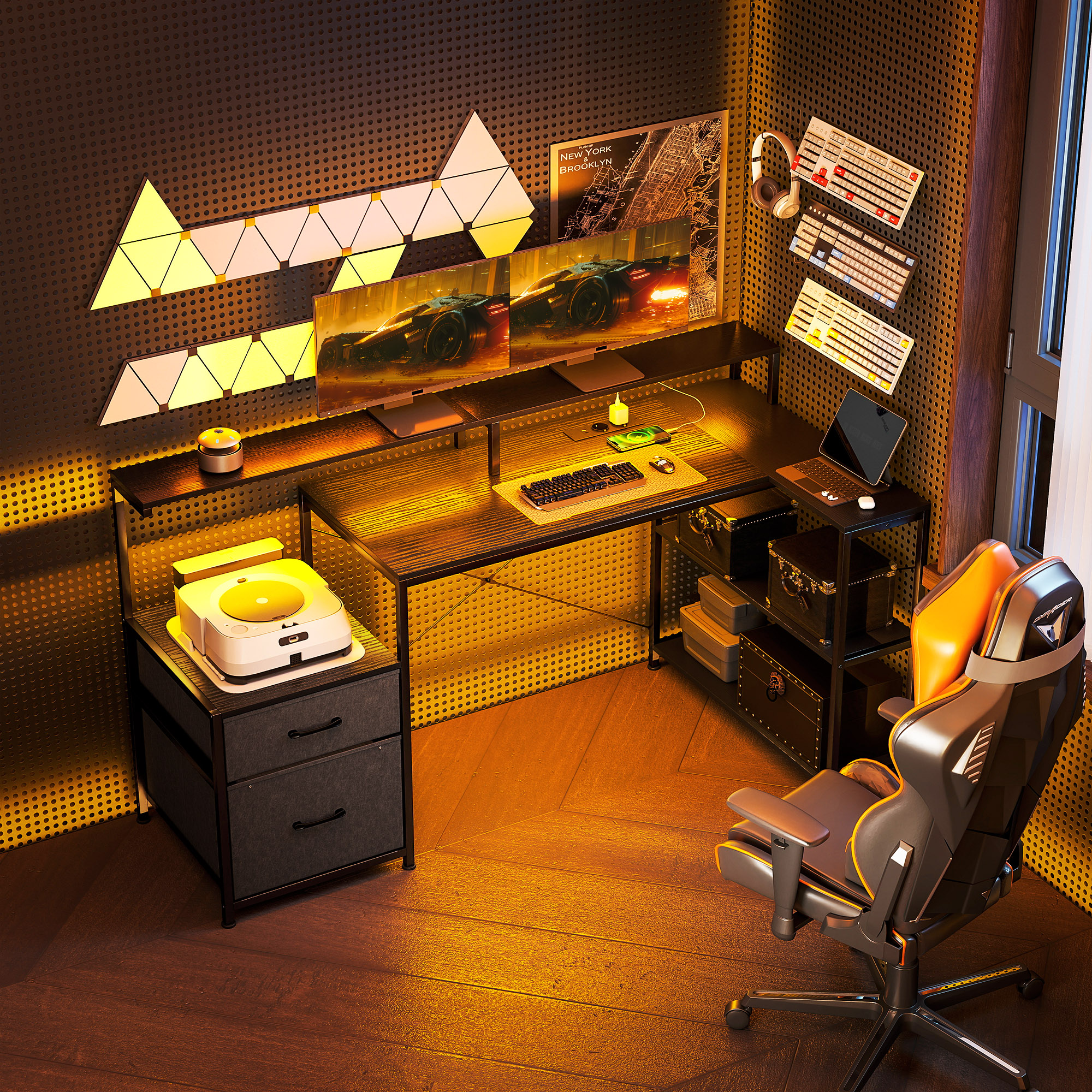 Moderna postazione di gioco con due monitor, pannelli a parete luminosi, tastiere e sedia ergonomica.