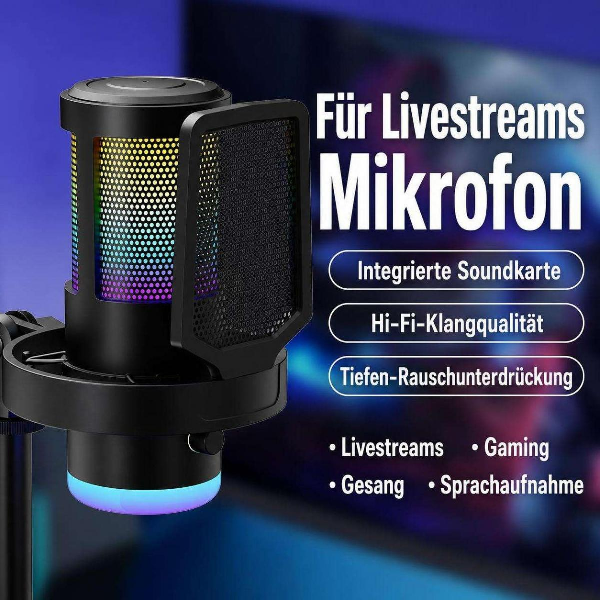 Schwarzes Mikrofon mit RGB-Beleuchtung und Pop-Schutz vor blauem Hintergrund und deutschem Werbetext.