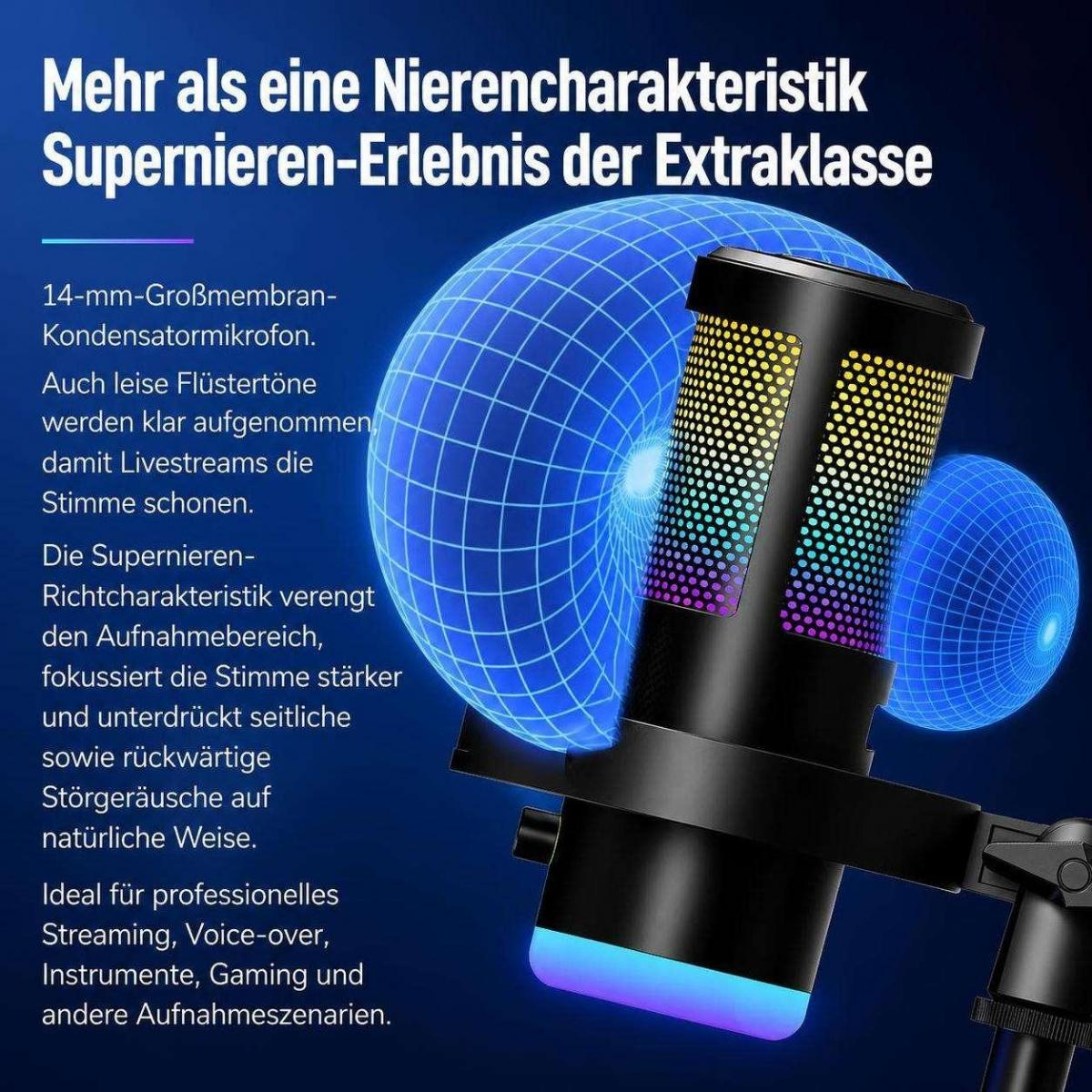 Ein schwarzes Mikrofon mit blauer Beleuchtung und grafischen Schallwellen auf blauem Hintergrund und Text.