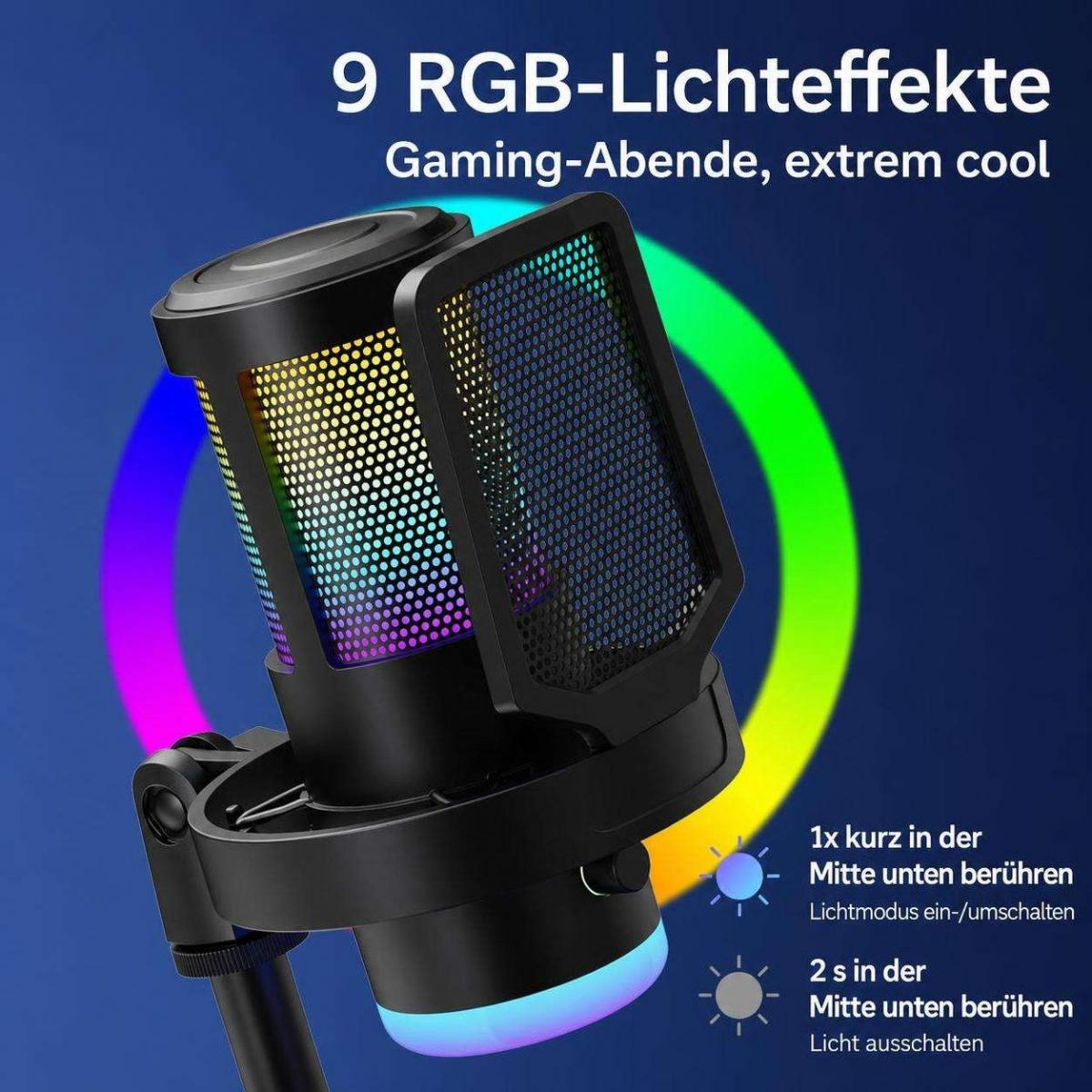 Ein schwarzes USB-Mikrofon mit RGB-Beleuchtung, Pop-Filter und deutscher Beschreibung der Lichtsteuerungsfunktionen.