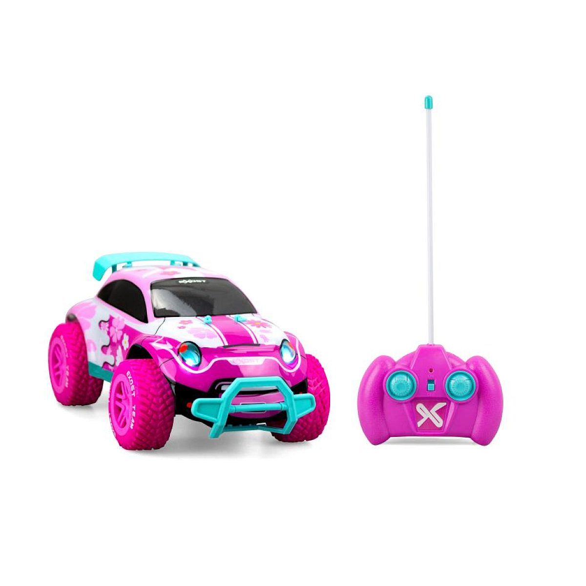 Ein pink-weißes RC-Auto mit großen Reifen und Fernbedienung vor weißem Hintergrund.