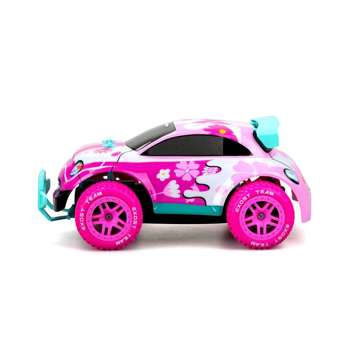 Ein pinkfarbenes ferngesteuertes Spielzeugauto mit bunten Blumenmustern und großen rosa Reifen.
