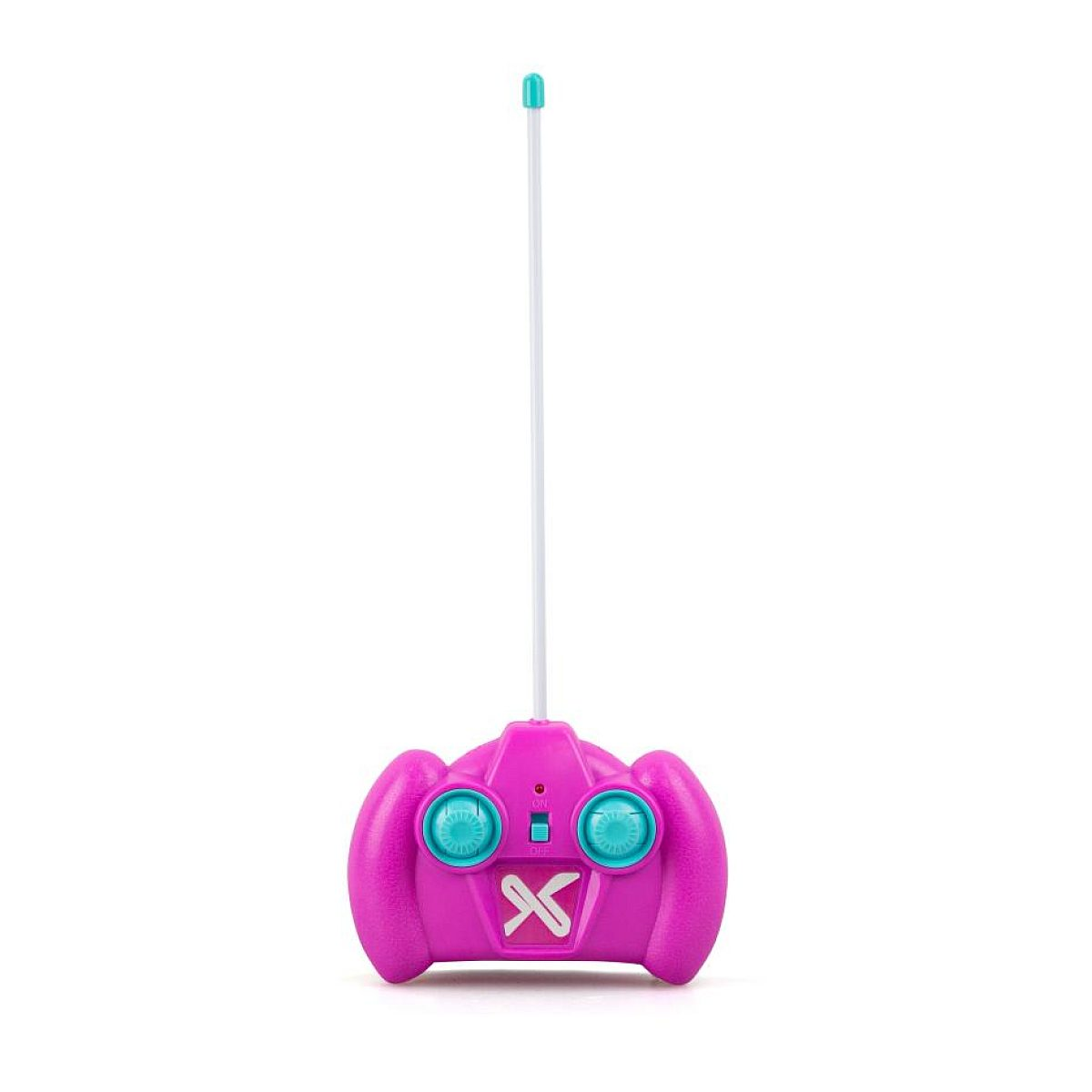 Eine rosa RC-Fernbedienung mit einer langen weißen Antenne und zwei türkisfarbenen Joysticks auf weißem Hintergrund.