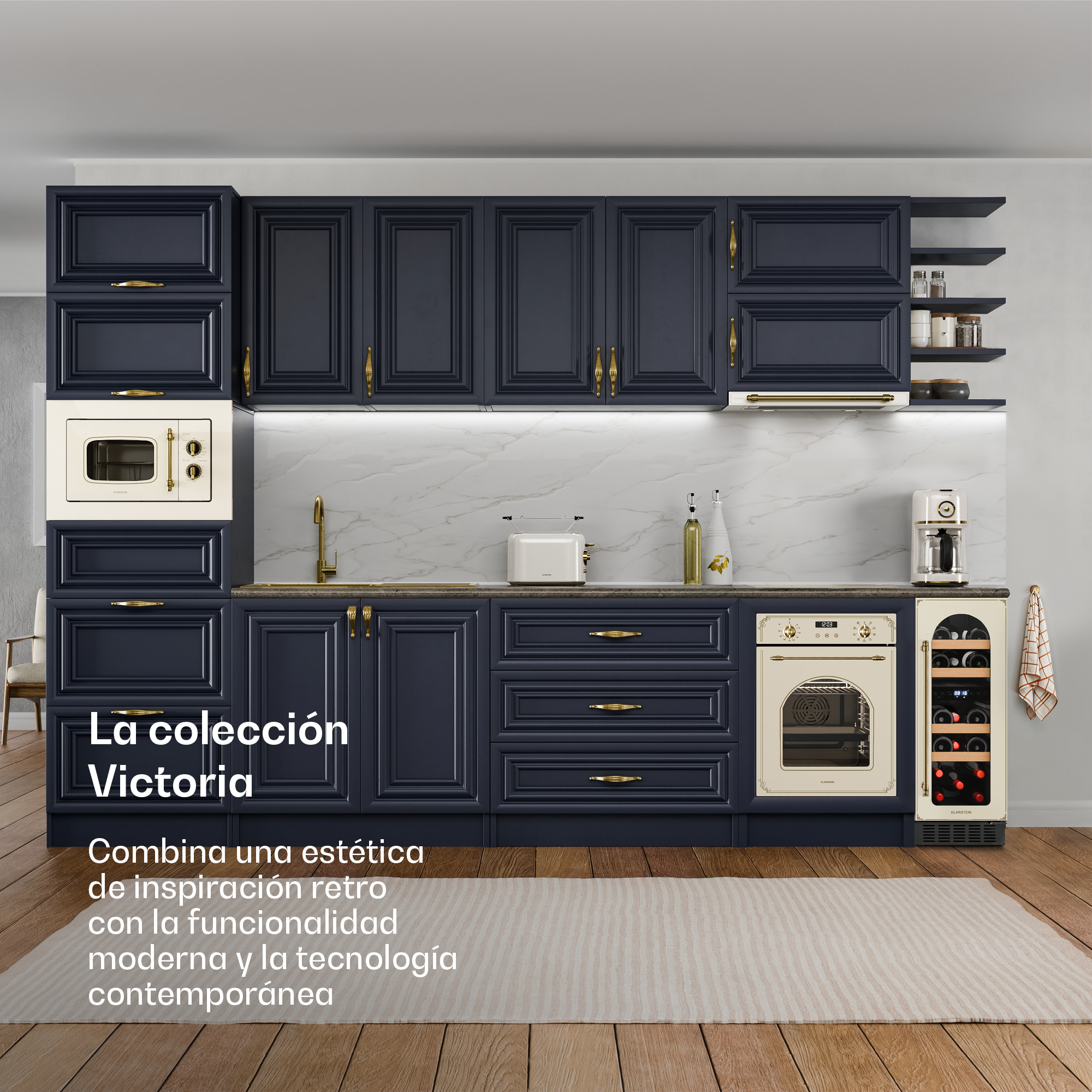 Moderne blaue Küche im Retro-Stil mit hellen Geräten und Holzfußboden.