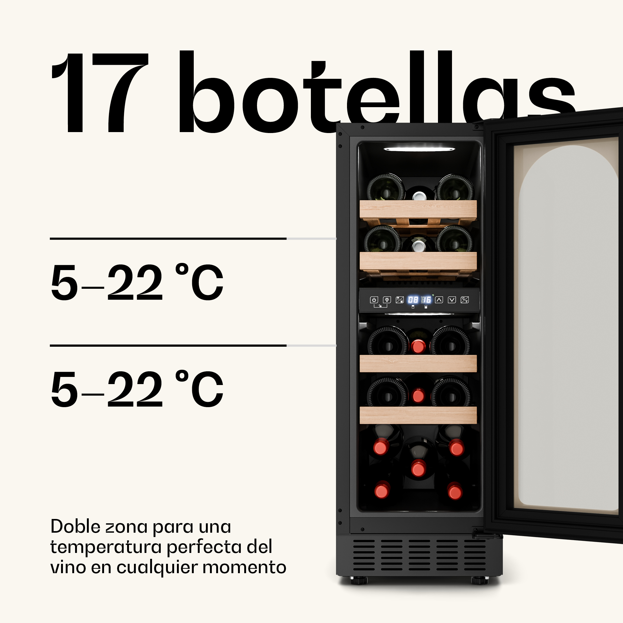 Schwarzer Weinkühlschrank für 17 Flaschen mit zwei Temperaturzonen.