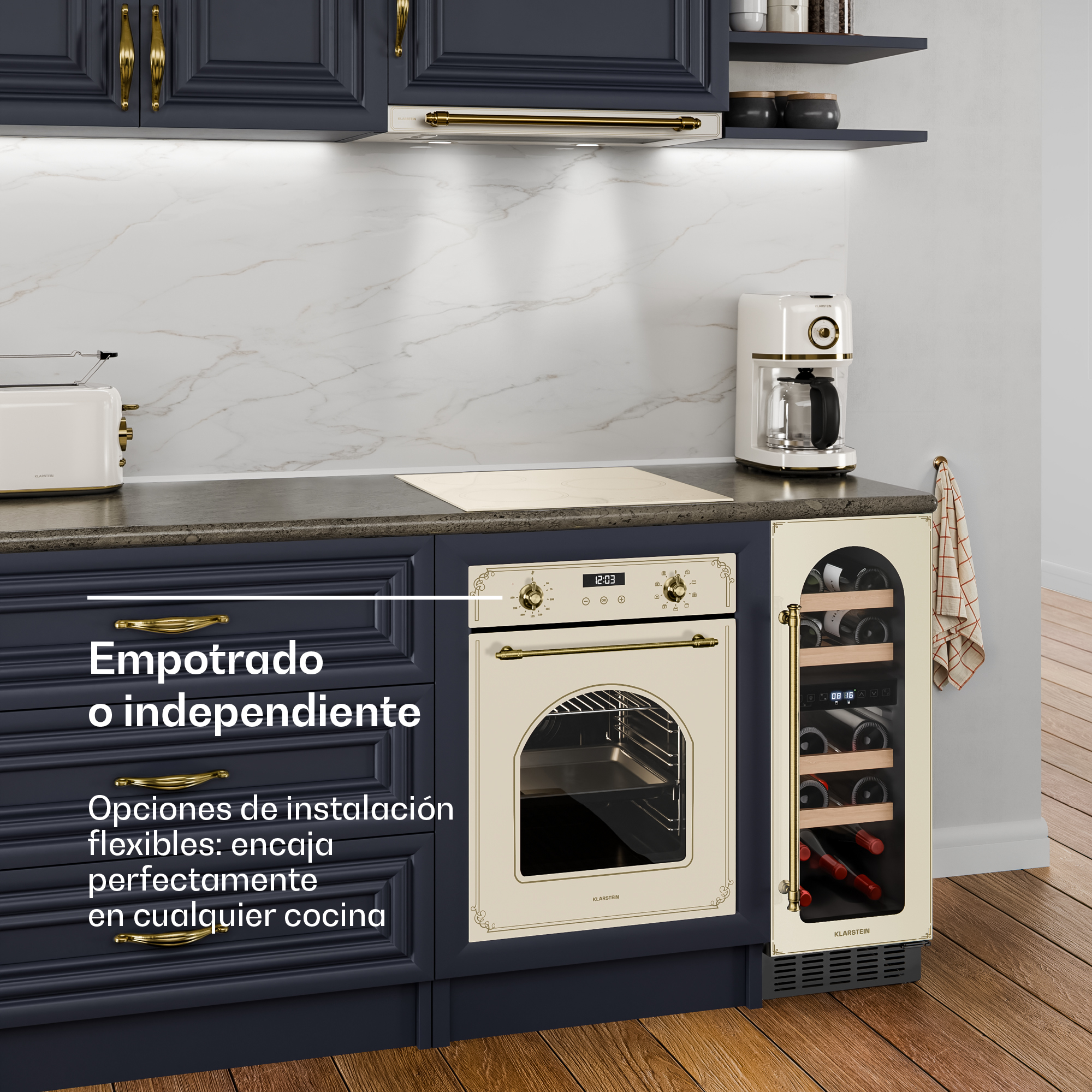 Moderne blaue Küche mit beigem Ofen, Kaffeemaschine und Weinkühlschrank.