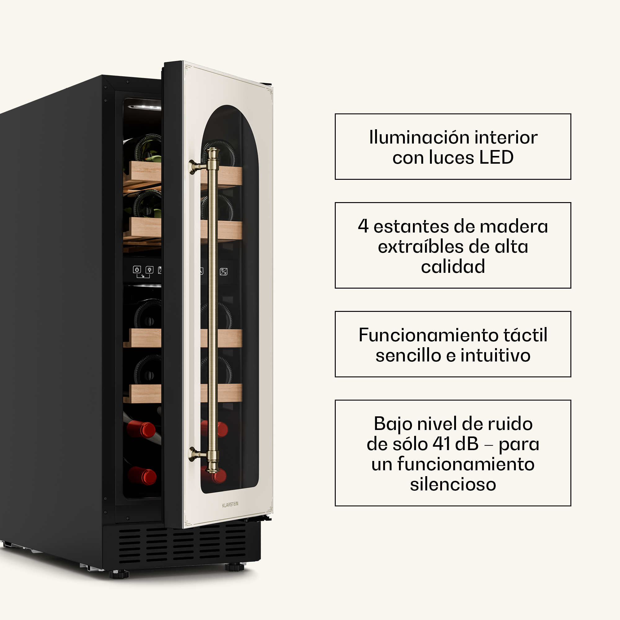 Schwarzer Weinkühlschrank mit heller Tür, Holzböden und Feature-Texten rechts.