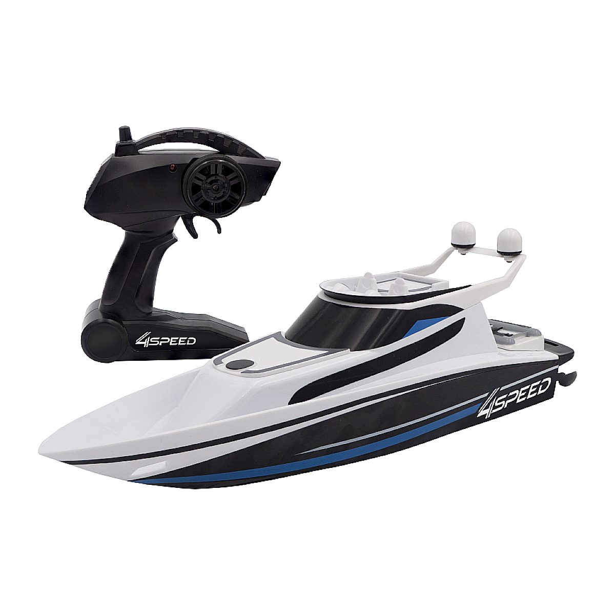 Ein weiß-schwarzes ferngesteuertes Motorboot mit passender Fernbedienung vor weißem Hintergrund.
