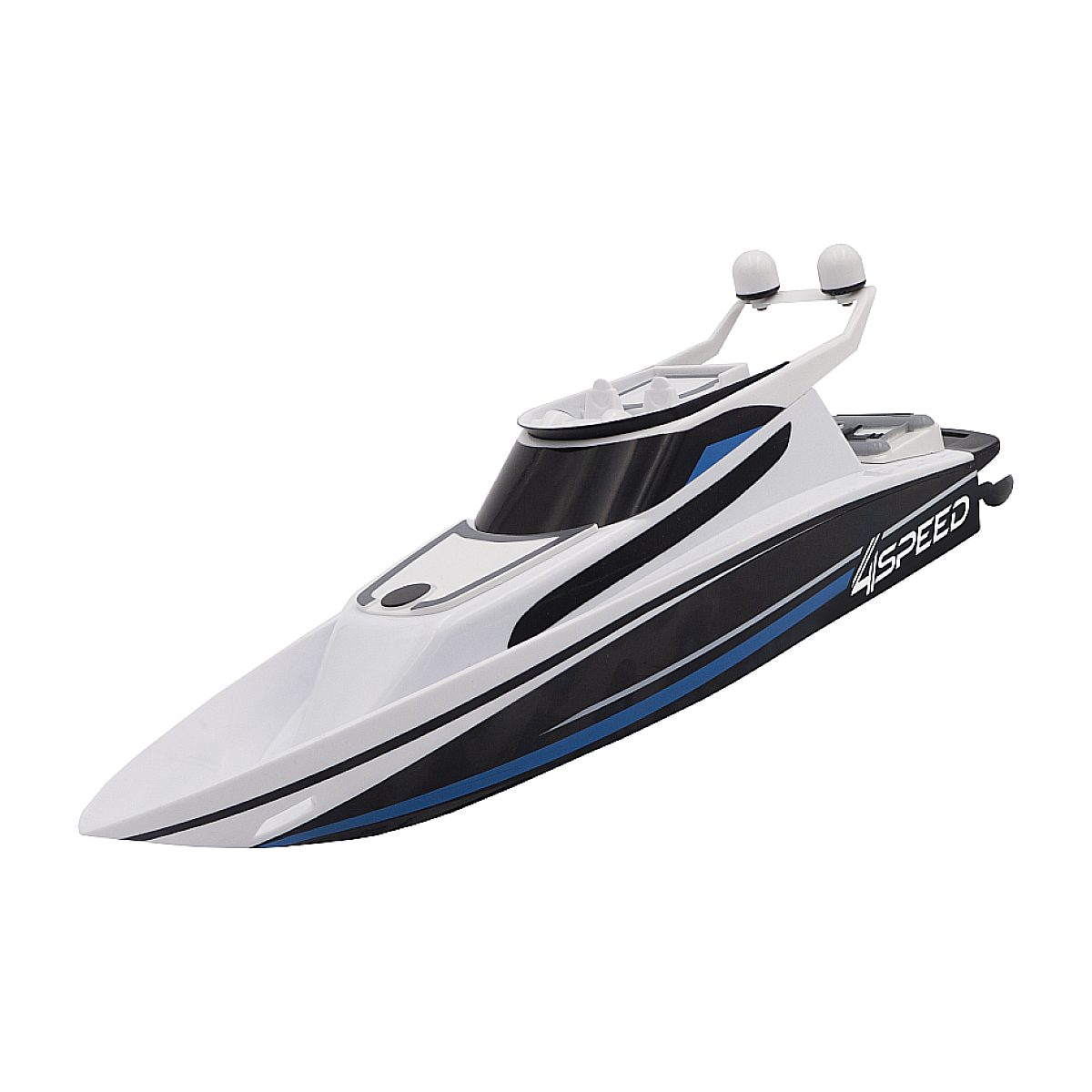 Ein weiß-blaues RC-Schnellboot mit schwarzen Details auf einem weißen Hintergrund.