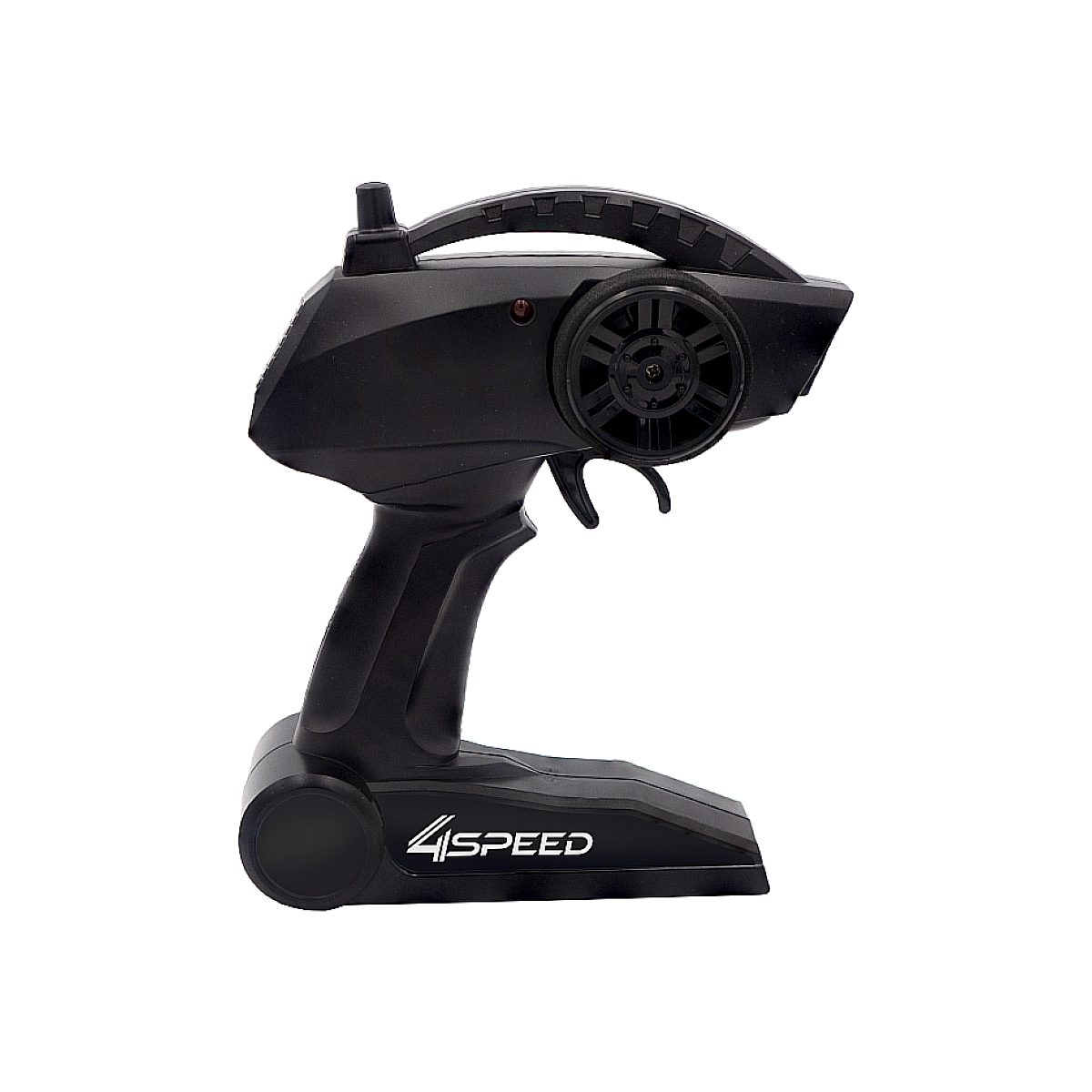 Schwarze RC-Fernbedienung mit Lenkrad und Griff, beschriftet mit 4SPEED.