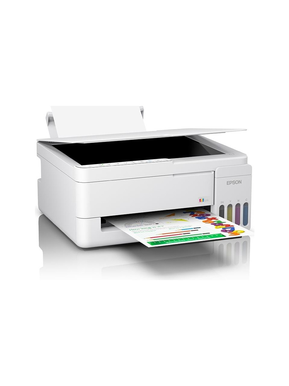 Entegre mürekkep tanklarına sahip beyaz bir Epson mürekkep püskürtmeli yazıcı, renkli bir belge yazdırıyor.