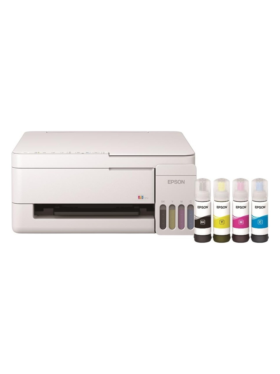 Beyaz bir yüzey üzerinde duran, dört mürekkep şişesine (siyah, sarı, mürdüm, camgöbeği) sahip beyaz bir Epson yazıcı.