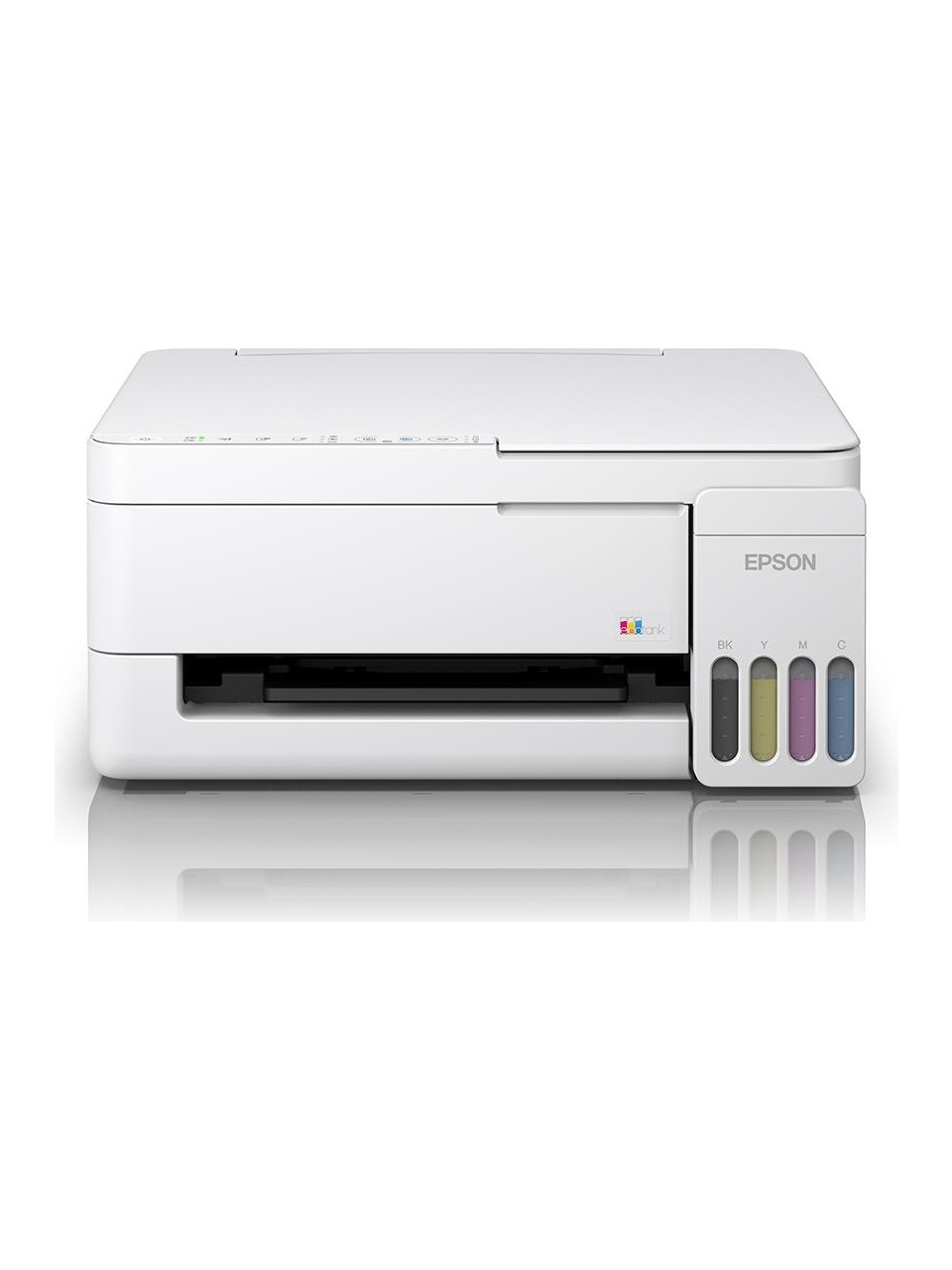 Sağ tarafında dört adet görünür mürekkep haznesi bulunan beyaz bir Epson EcoTank yazıcı.