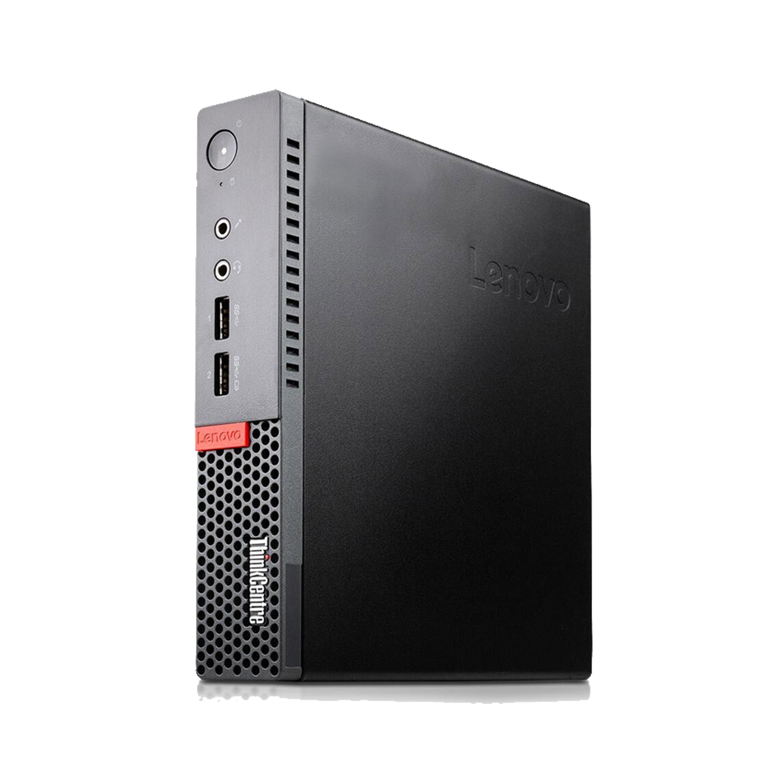 Ein schwarzer Lenovo ThinkCentre Mini-PC steht auf einer weißen Fläche vor schwarzem Hintergrund.