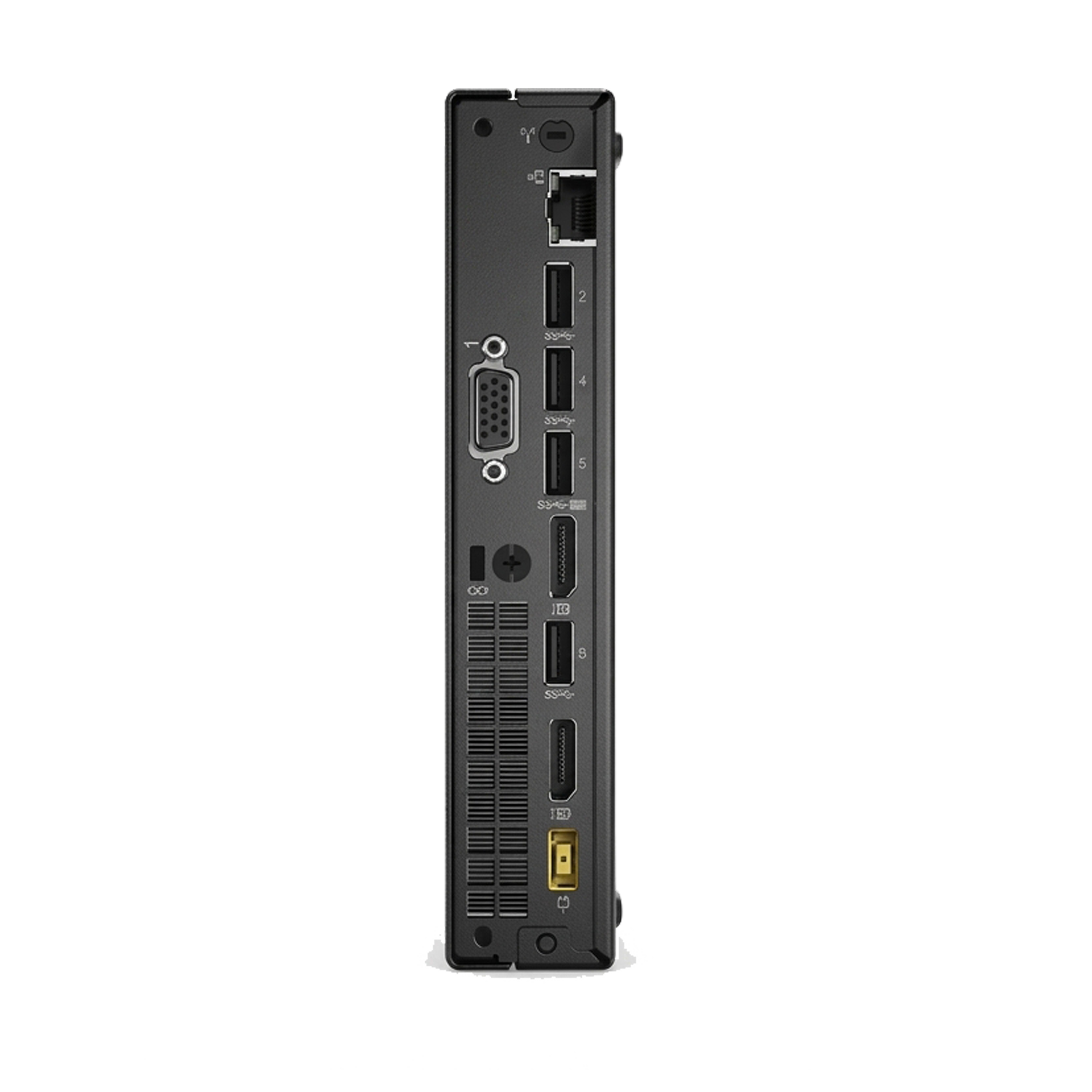 Rückseite eines schwarzen Mini-PCs mit verschiedenen Anschlüssen wie USB, VGA, DisplayPort und Ethernet.