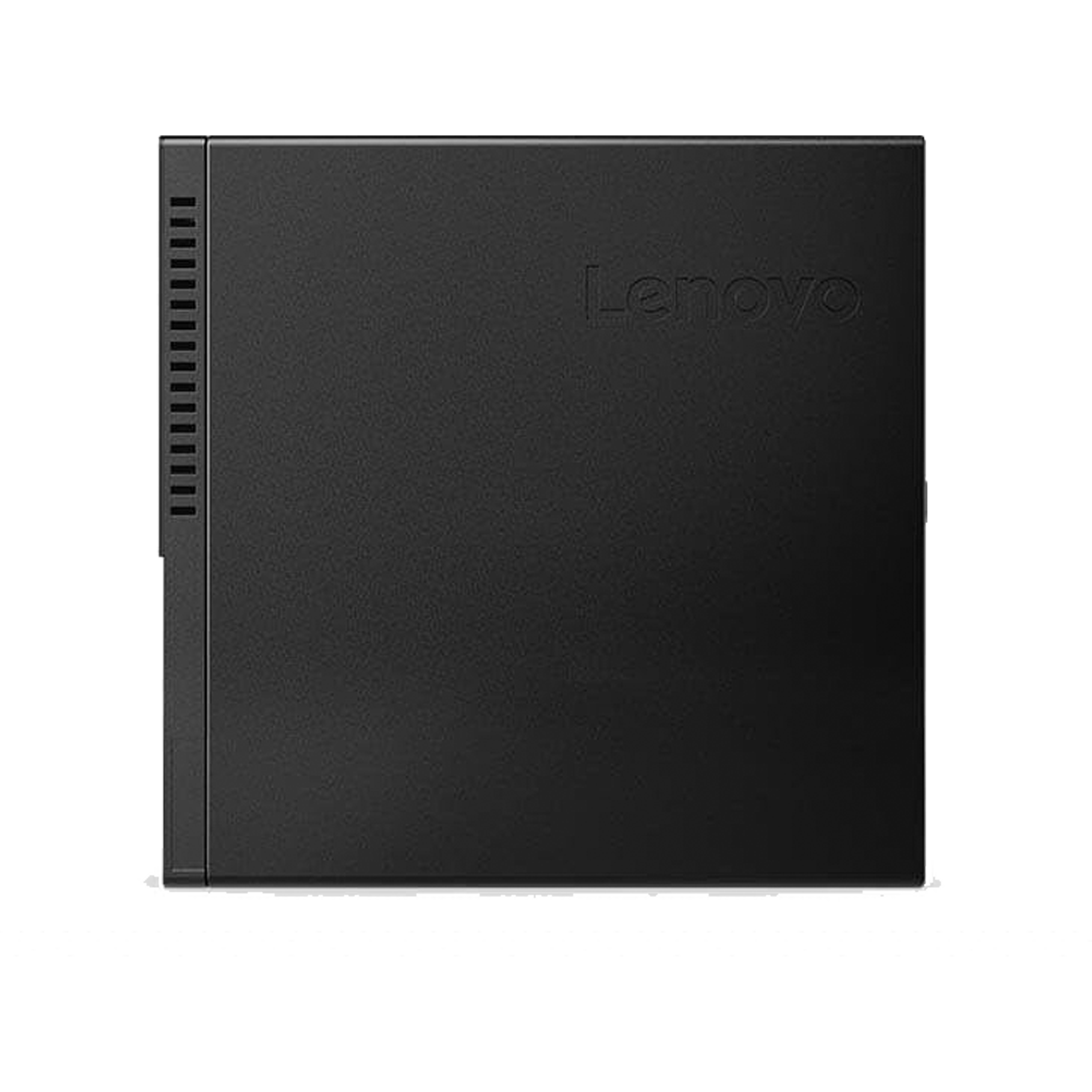 Ein schwarzes Lenovo Mini-PC-Gehäuse mit strukturierter Oberfläche und Lüftungsschlitzen links vor schwarzem Hintergrund.