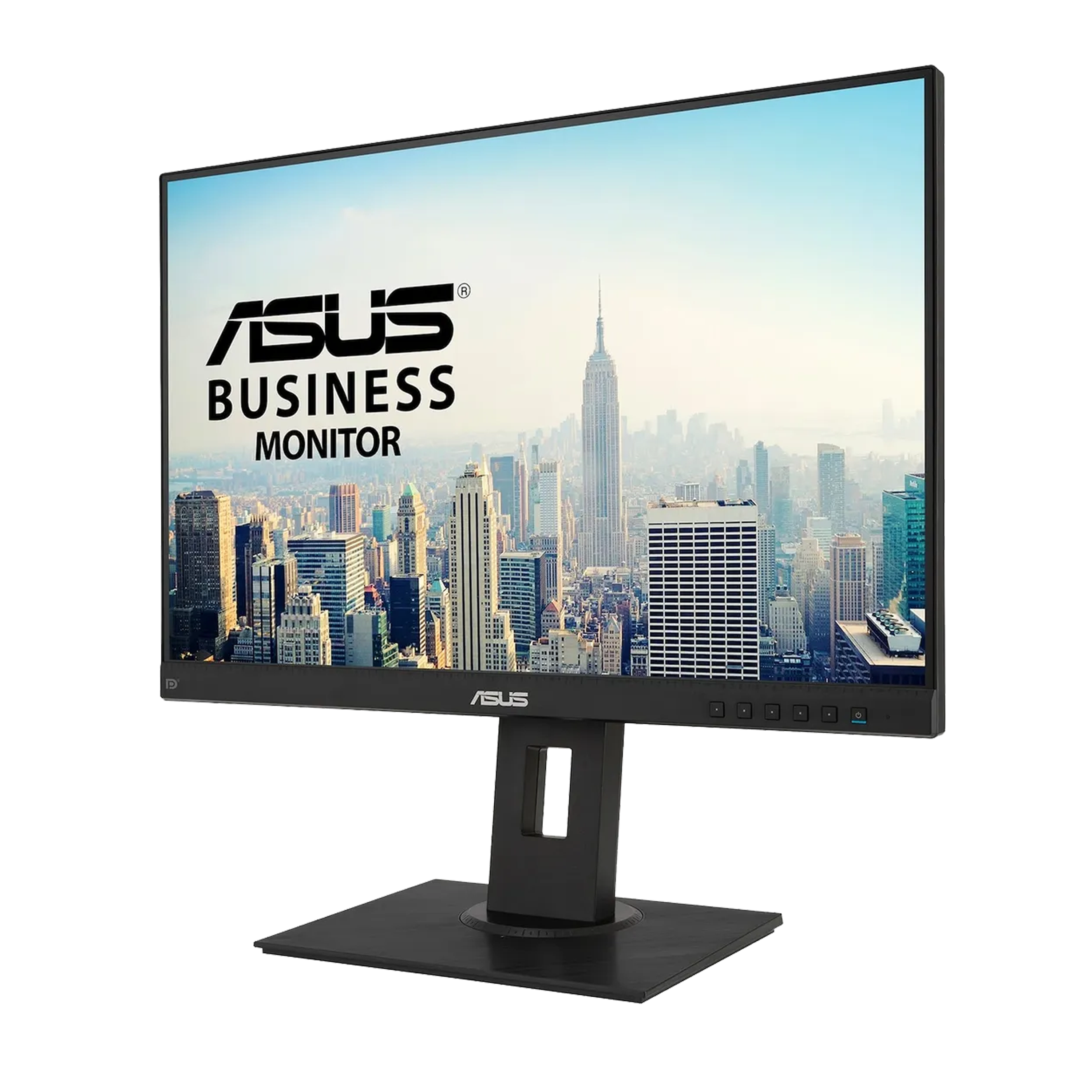 Ein ASUS-Business-Monitor zeigt eine Stadtsilhouette, auf schwarzem Standfuß vor schwarzem Hintergrund.