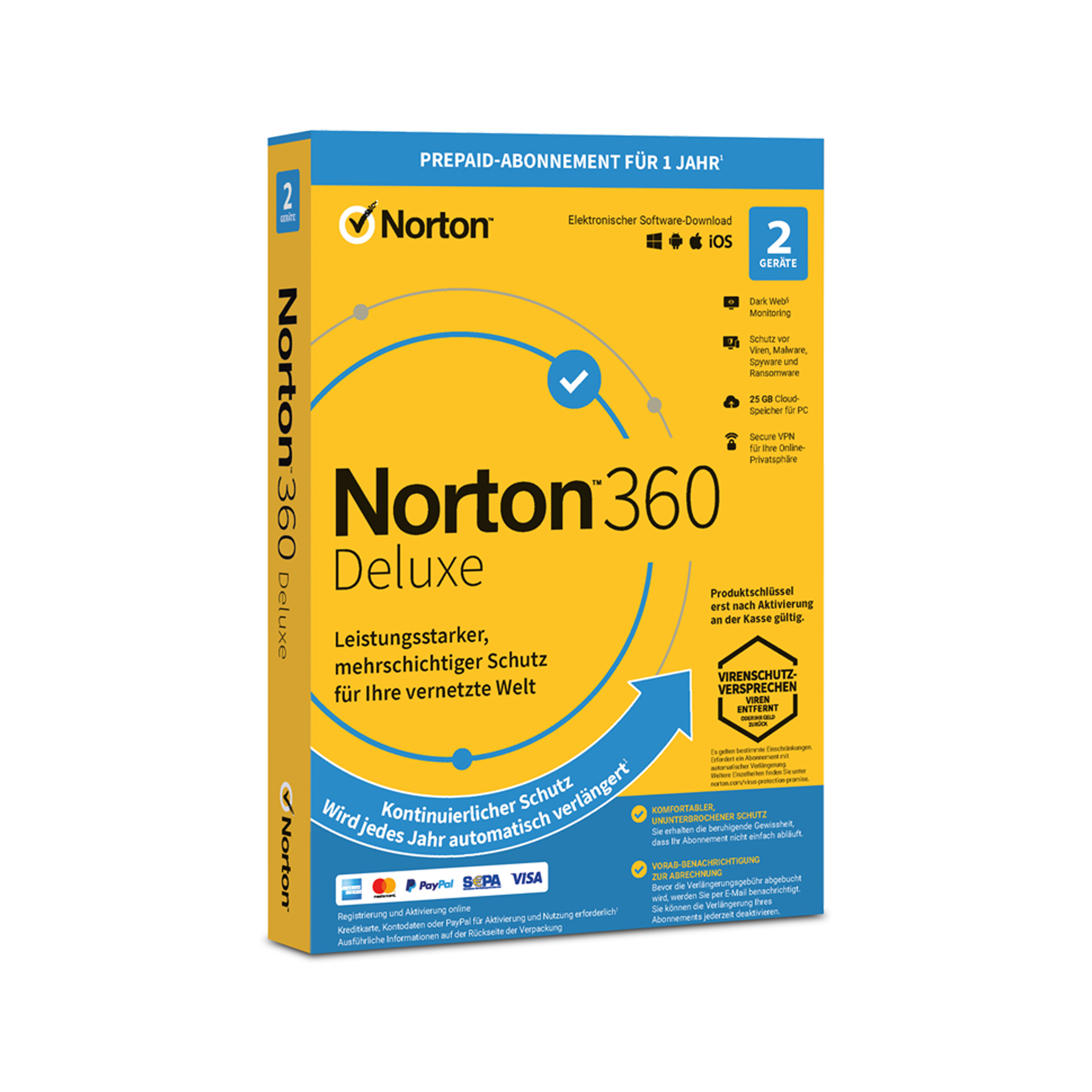 Gelbe Verpackung von Norton 360 Deluxe mit blauen Akzenten und Software-Details für ein Jahr.