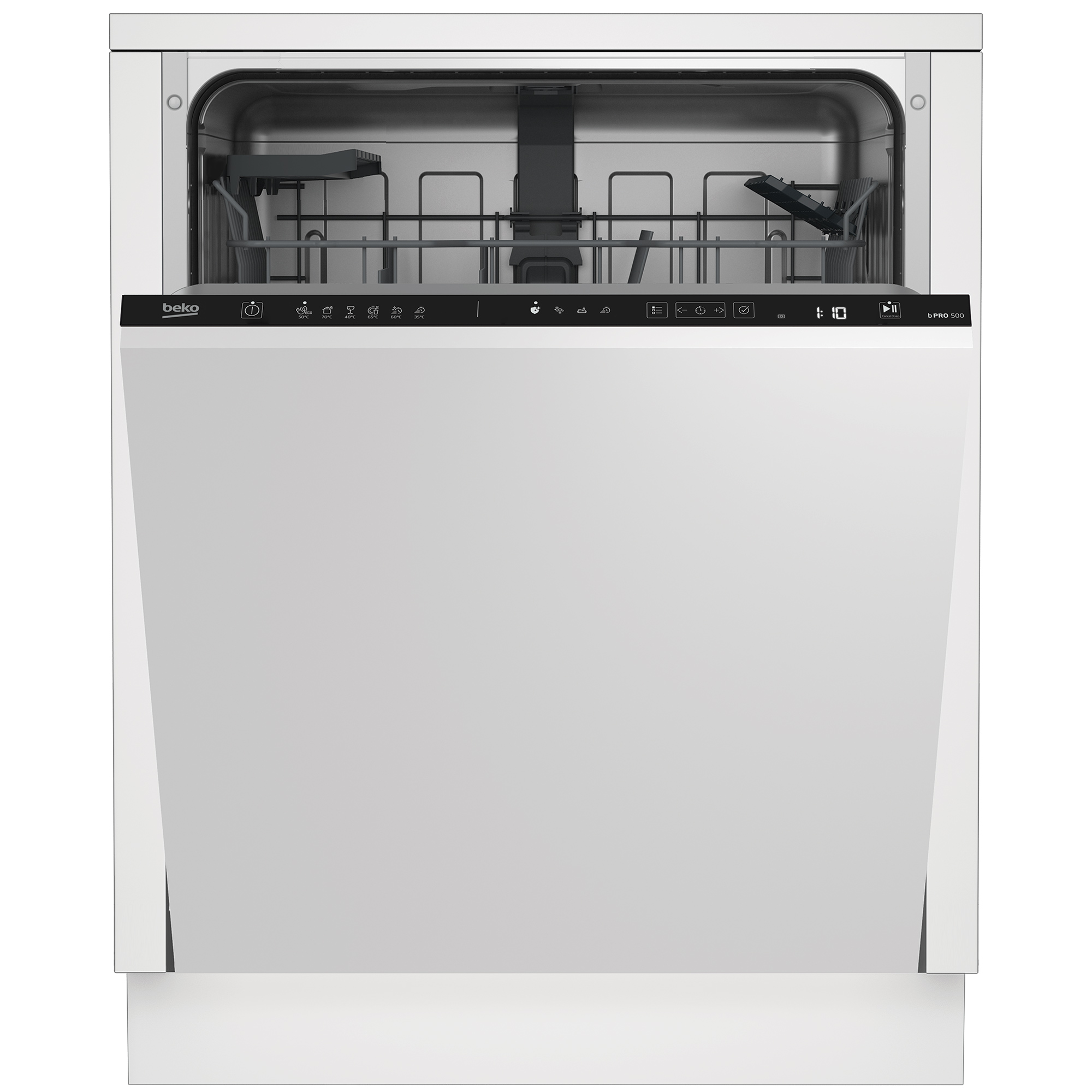 Eine weiße Beko-Geschirrspülmaschine mit offener oberster Schublade und digitalem Bedienfeld.
