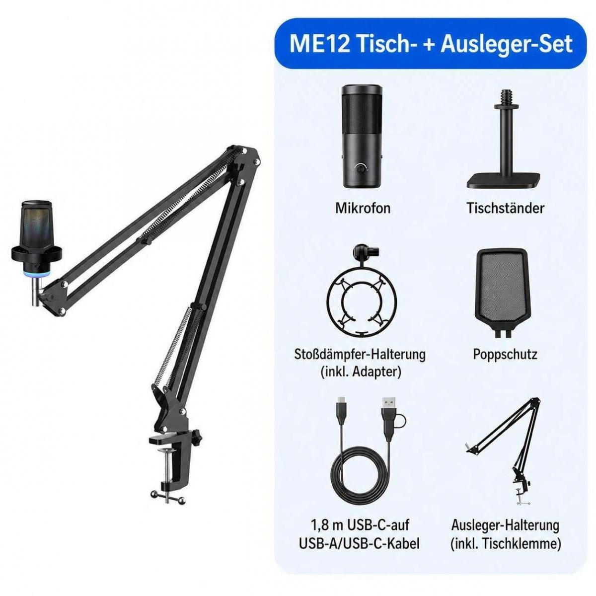 ME12 Tisch- und Ausleger-Set mit Mikrofon, Tischständer, Stoßdämpfer, Pop-Schutz, Kabel und Halterung.