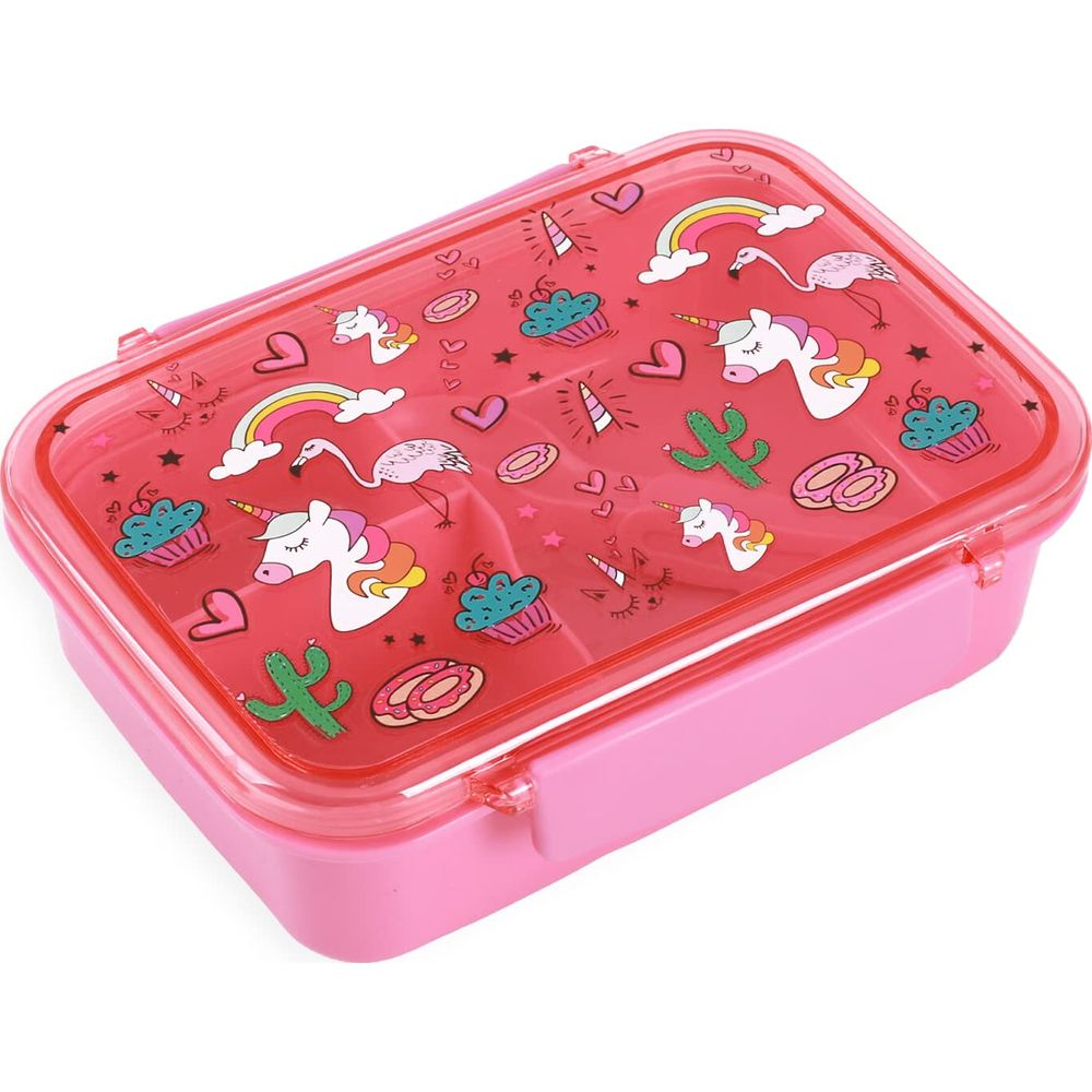 Rosa Lunchbox mit Deckel mit Einhorn-, Flamingo-, Regenbogen- und Kaktusmotiven.