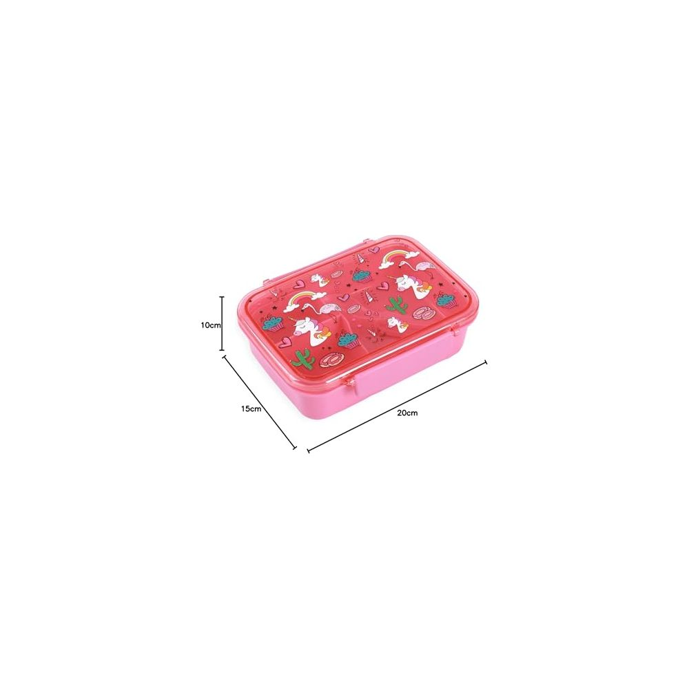 Rosa Lunchbox mit Einhörnern und Flamingos auf dem Deckel, Maße 20x15x10 cm.