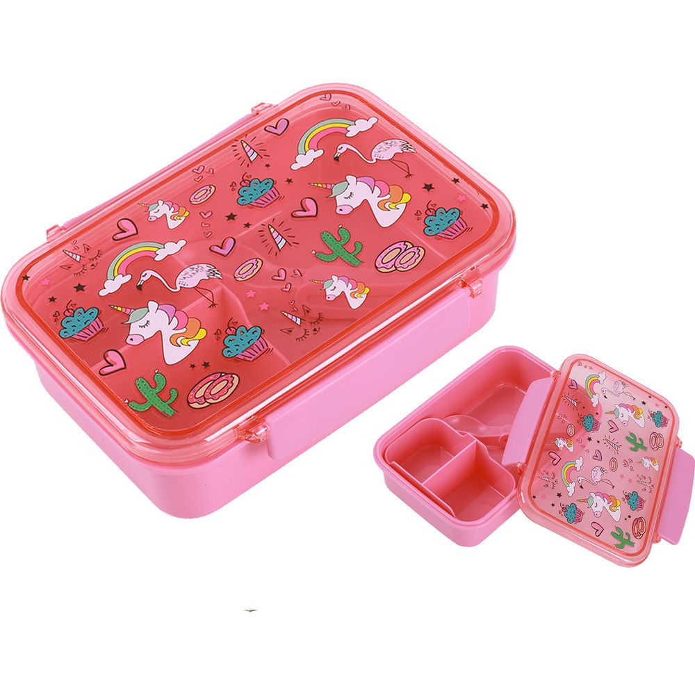 Eine pinke Brotdose mit Einhorn-, Flamingo- und Regenbogenmotiven und eine passende kleinere Box.