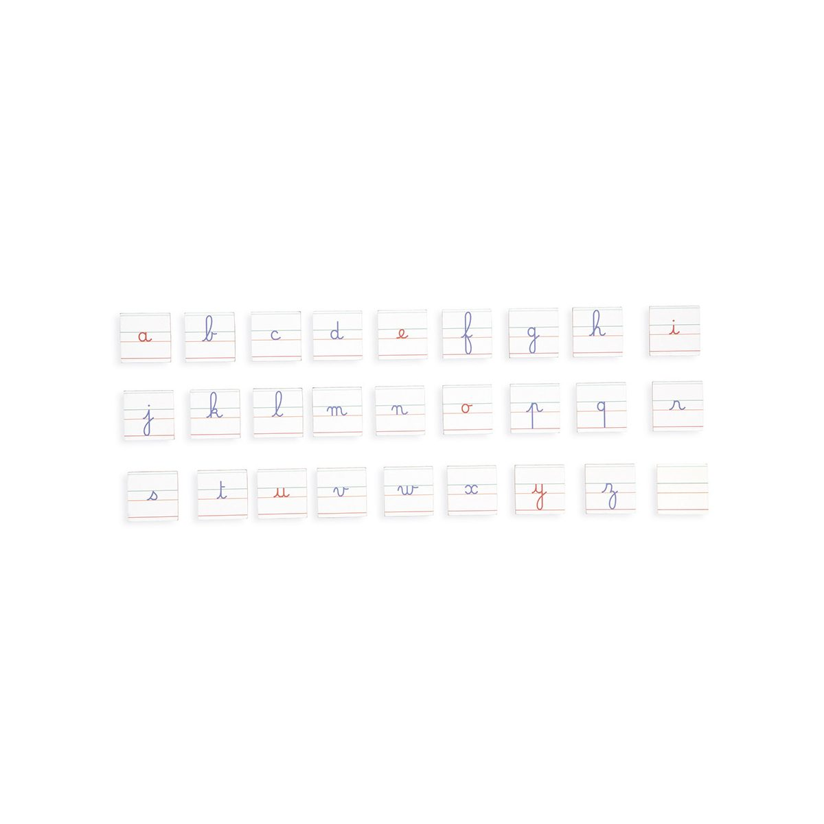 Kleine Buchstaben von a bis z in Schreibschrift auf Karten mit Linien angeordnet.