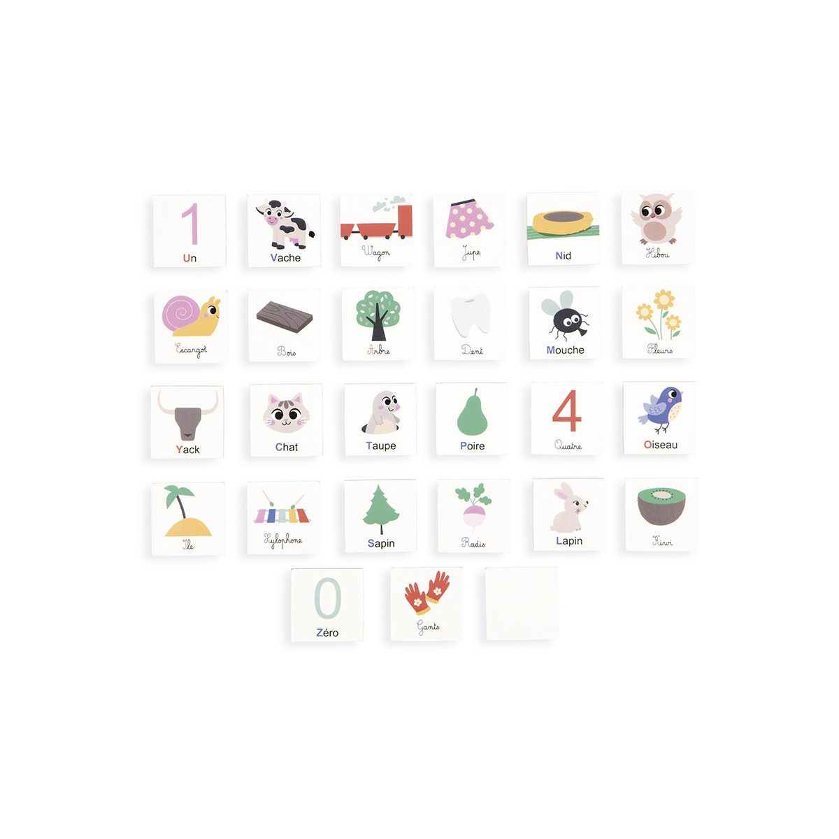Wandsticker mit alphabetischen und nummerierten Illustrationen und französischen Wörtern auf weißem Hintergrund.