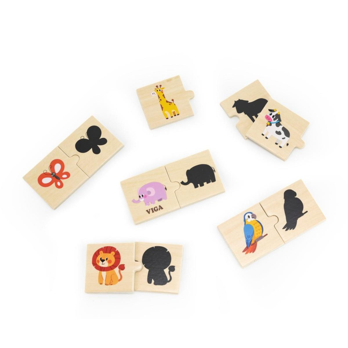 Holzpuzzle mit Tierfiguren und passenden Schattenbildern.
