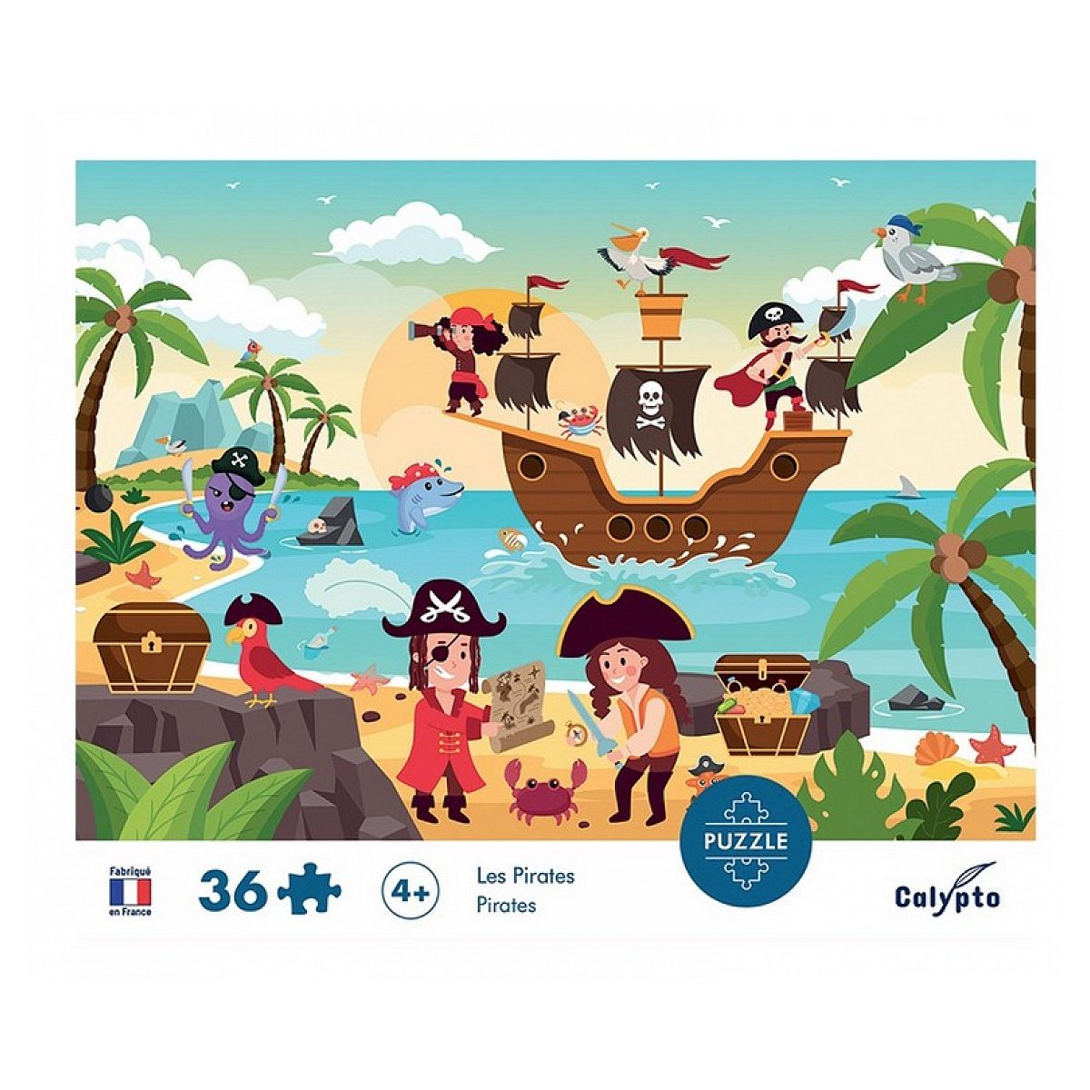 Buntes Piraten-Puzzle mit Schiff, Schatztruhe, Palmen und Tieren an einem tropischen Strand.