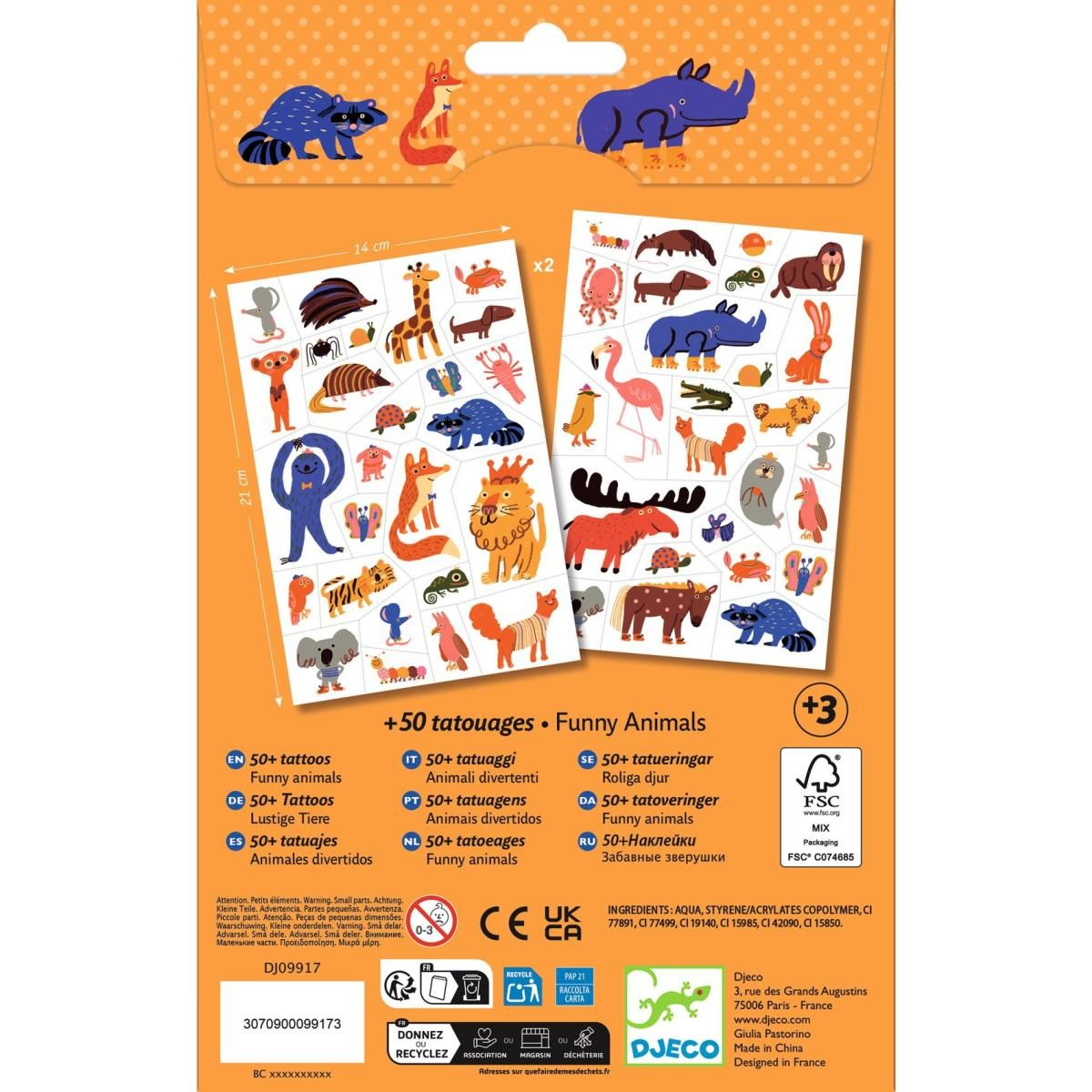 Verpackung von Djeco Kindertattoos mit Tiermotiven und Text über 50 Tattoos.