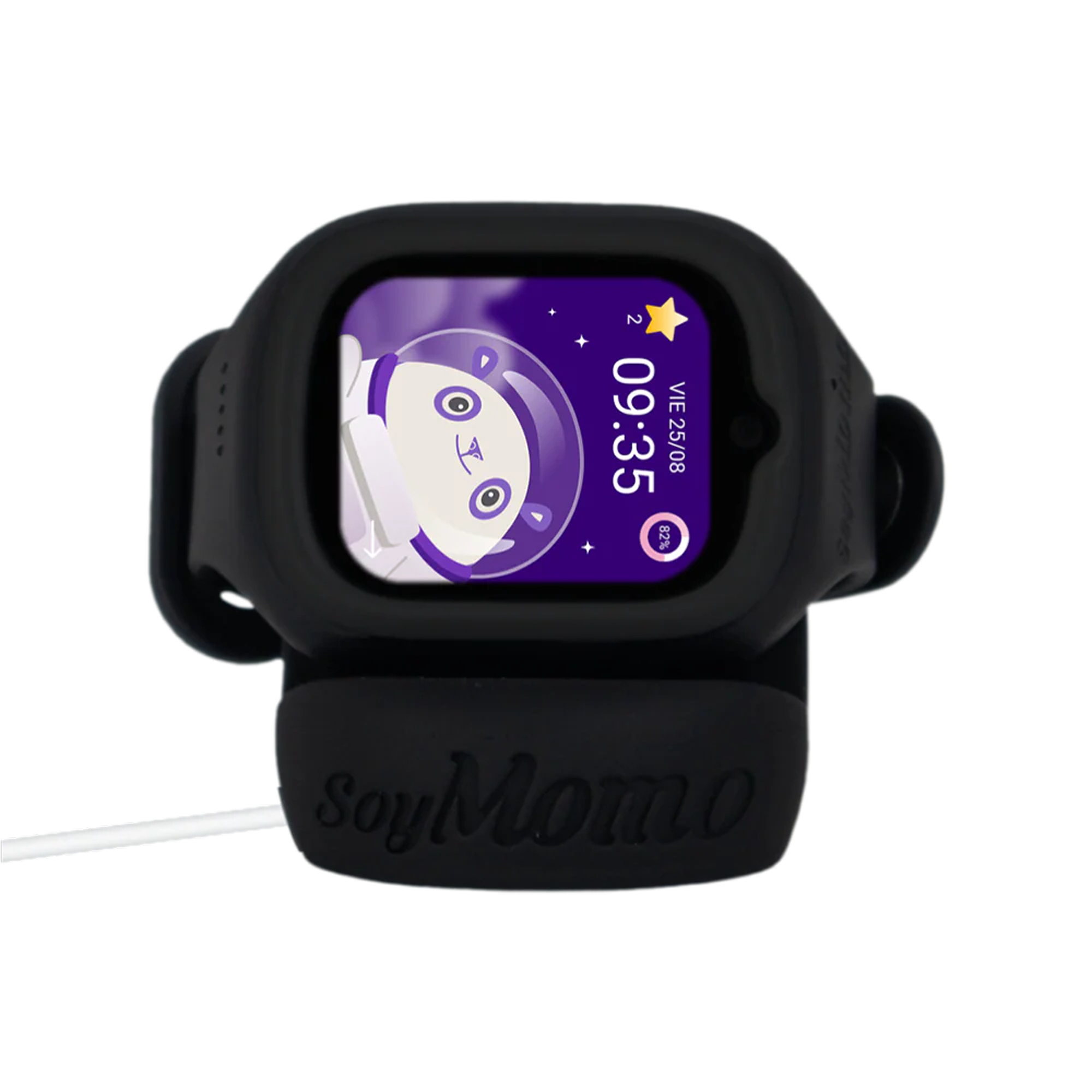 Smartwatch infantil negro con pantalla de astronauta de dibujos animados, sobre base de carga con logo SoyMomo.